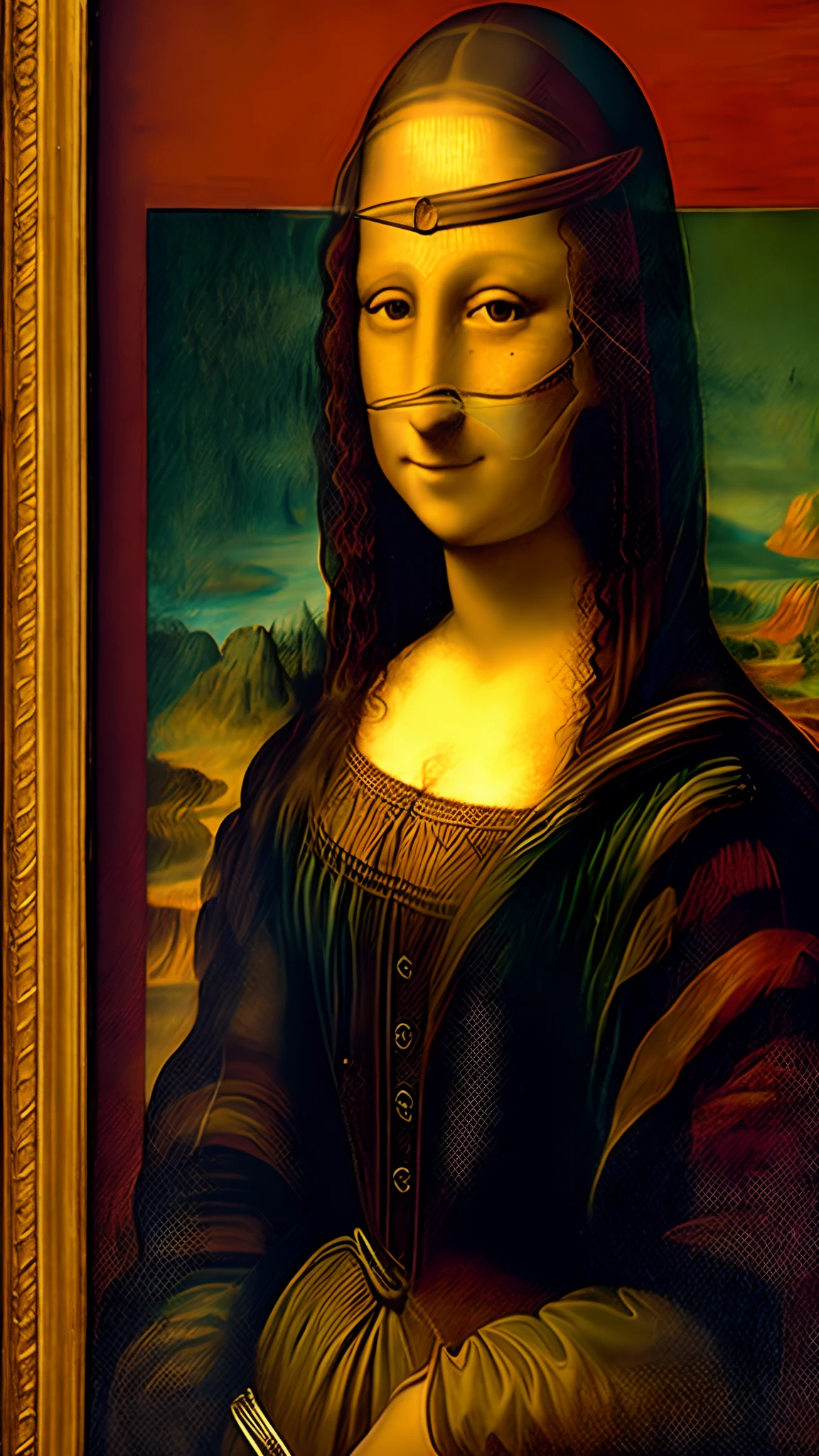 pintura de uma mulher com uma venda nos olhos e um fundo vermelho, Mona Lisa Pintura, leonardo da vinci style, Pintura Da Vinci, No Estilo Da Vinci, leonardo Pintura Da Vinci, Estilo Mona Lisa, retrato da obra-prima, Pintura de Mona Lisa, ((A Mona Lisa)), Retrato da Mona Lisa, Mona Lisa, Estilo Leonard da Vinci, monalisa
