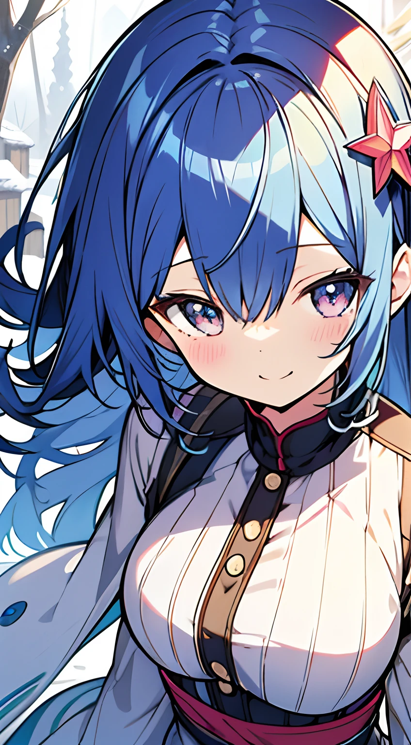 masutepiece, Best Quality,Illustration, Wallpaper, ultra -detail, Absurd beauty, 1beautiful girl、Bright hair color、Glitter and big eyes、Hair fluttering in the wind、ample breasts、♡、Smaller head、Winter scene、miscievous smile