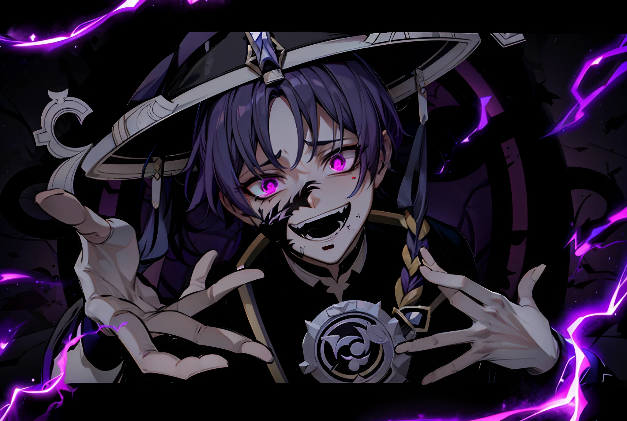 a game character with lightning and purple eyes is in front of a dark background, scaramouche (genshin impact), 1boy, male focus, solo, purple hair, japanese armor, hat, electricity, looking at viewer, kote, open mouth, scary smile, tooth, best anime 4k konachan wallpaper, genshin impact artstyle, genshin impact fanarts, portrait yandere grimdark, black stains on his right cheek, (super detail)