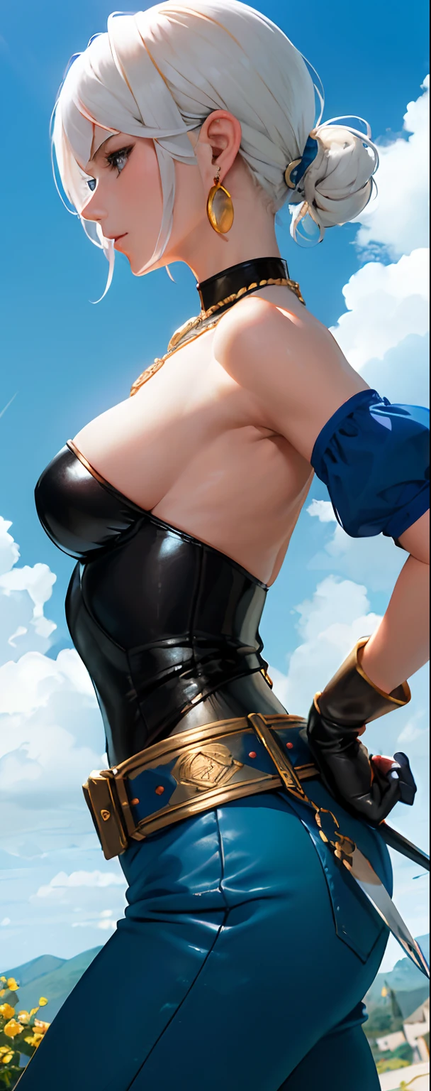 (Masterpiece, Best quality:1.1), thief (DQ3), 1girll, Solo, Short hair, White hair, Blue eyes, Medium breasts, Pink gloves, jewelry, pearls necklace, Earrings, belt, sword, Yellow cuirass, Black bodysuit, bag, (coin, Hip sword:1.2), (Dutch angle, Dynamic pose, From the side Side:1.3), (Blue skies, Nature:1.2)