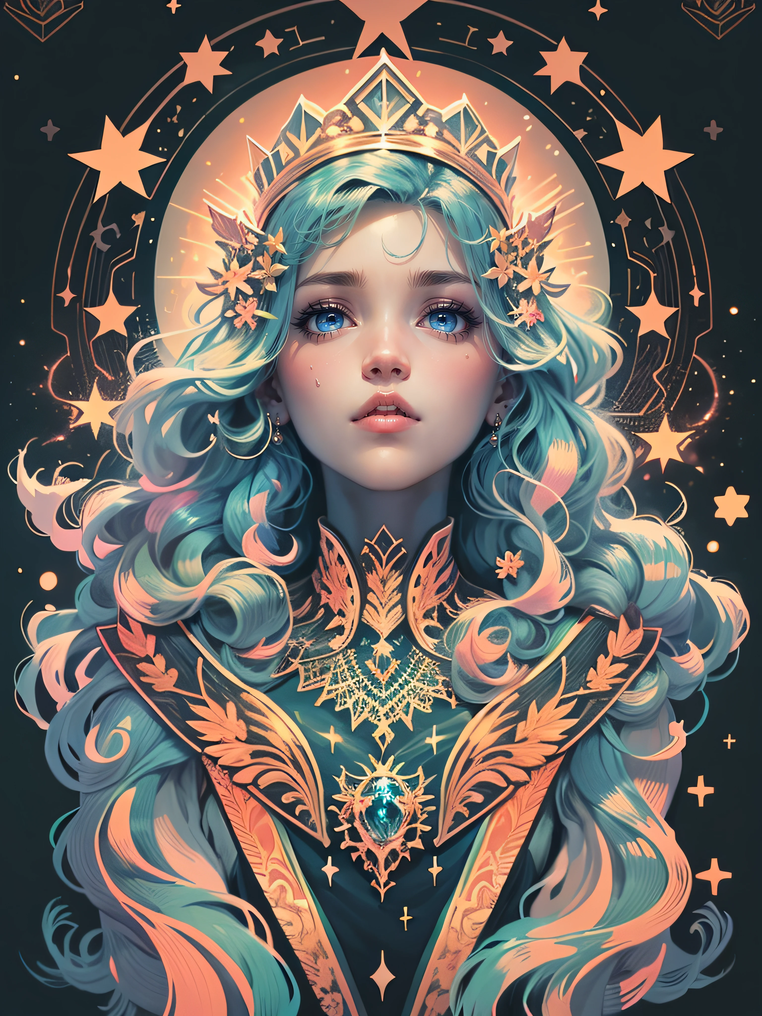 High quality design vector style image, t-shirt print style, graphic art white background of a Goddess of Stars art style, bright and realistic colors, style sexy Goddess of stars with Powers, fantasy style scenery digital art