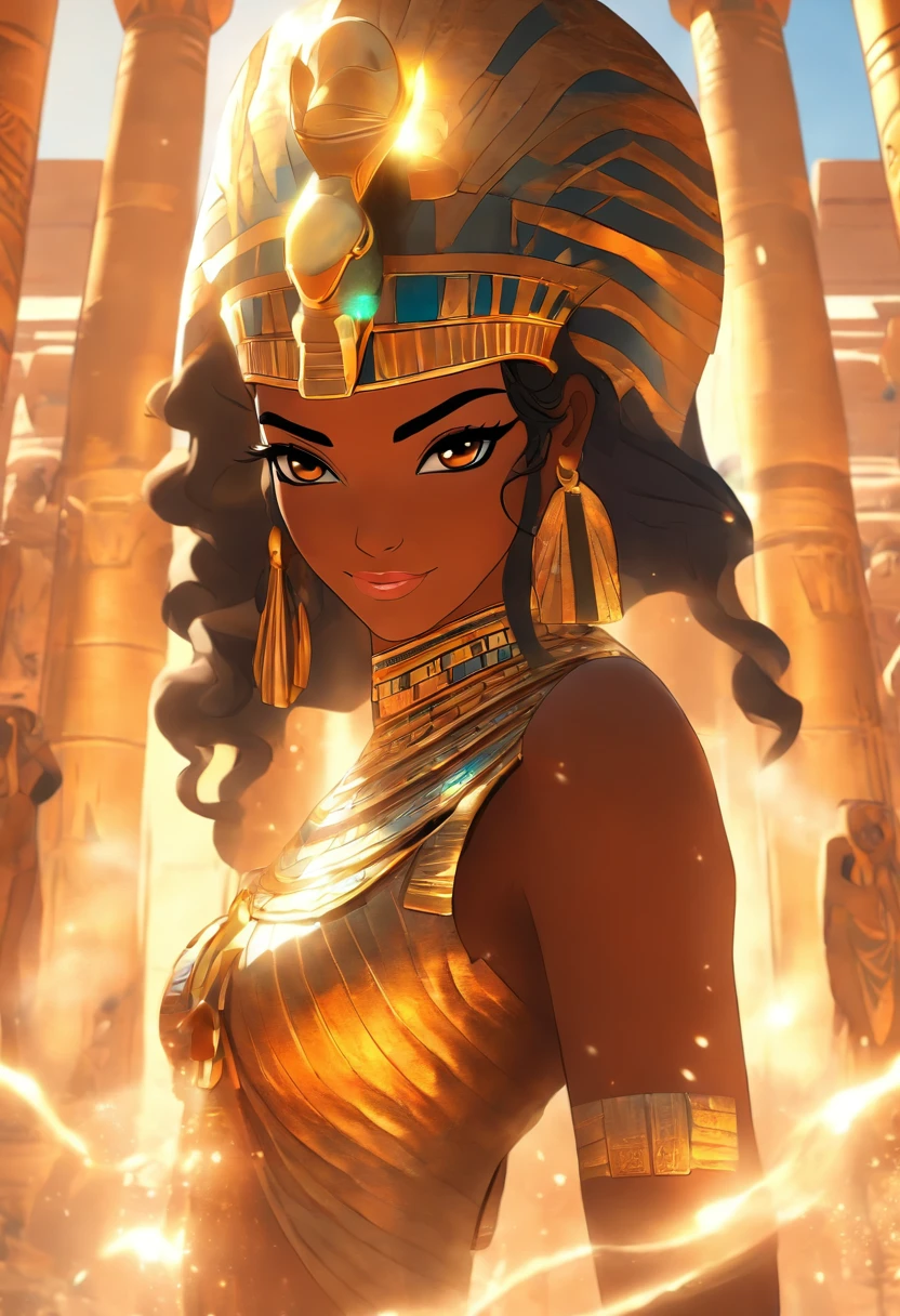 (((Egyptian Goddess))) best quality, very high resolution, 4K detailed CG, masterpiece, Egyptian mythology, Anuchis, black woman, sun in the background, Ancient Egypt, Egyptian temple, orange clothes, Egyptian clothes, desert, Ancient Egypt, Egyptian mythology, ((goddess of water)), Egyptian palace, aesthetics, beautiful image, centered on the screen, standing pose