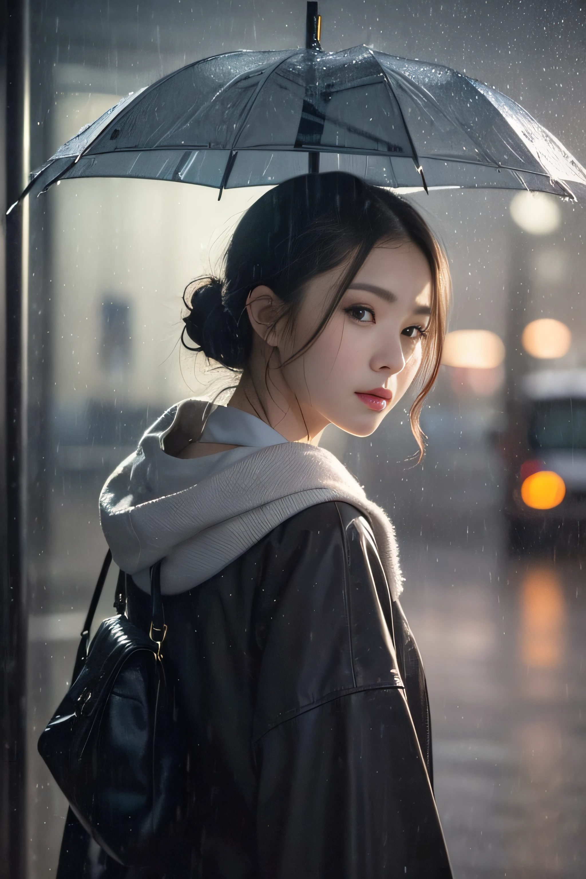 (1womanl)、(Super beautiful)、(beauitful face:1.7)、Rainy landscape on a June night、Everything oozes、Bus stop in the rainy city、How many did you see off?、Streets of the foggy city、I want to throw away the things that bind my heart and run
