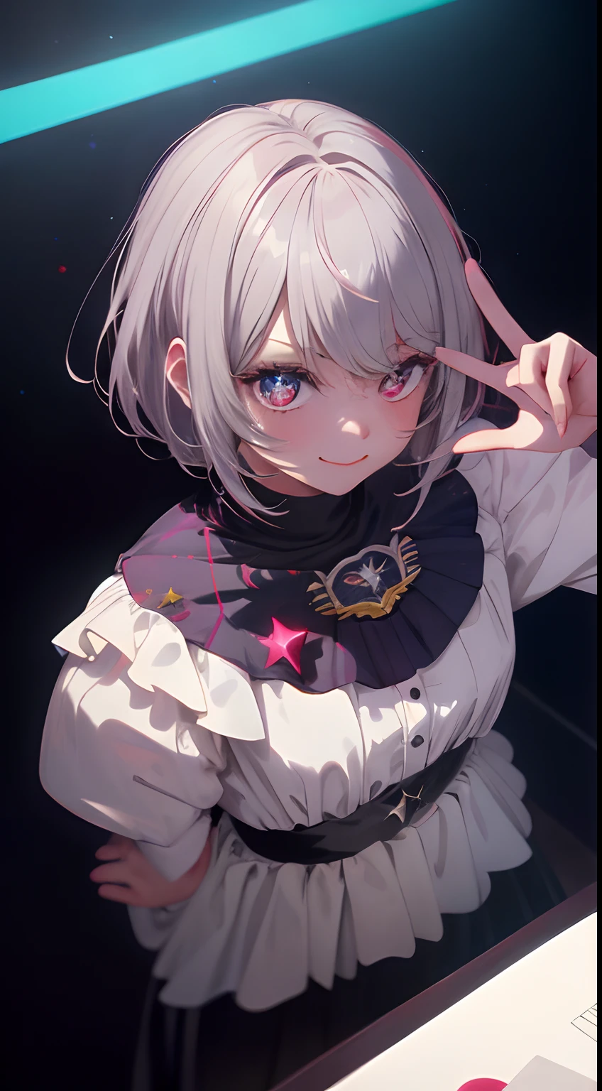 masterpiece、top-quality、Movie stills、One girl、、(a closeup:1.1)、with light glowing、Happiness、A delightful、Soft lighting、(Bauhaus、form、Line、abstracted:1.1)Silver Hair Shorthair、butterflys々、Black long skirt((masterpiece)), deadpan, (((top-quality))), ((illustratio)),
1girl in,, ((独奏)), (详细的脸), (Beautiful details), Bright eye, red eyes, ((dishevled hair)),
A smile、blank stare、sitting on、((Facing to the side))、
Tie Hair Band、Black transparent skirt、Mystical、Star-shaped glowing eyes、Luminous Eye
Light background、write、
(magazine:1.1), (cover-style:1.1), Fashionable, femele, with a vibrant, outfits, the pose, the front, Colorful, Dynamic, Background with, element, I'm confident, expresive, ngel, statement, accessorized, An majestic, coiled, surroundings, Touch, The scene, Texto, covers, It's bold, captures the attention, Titles, Stylish, Catchy, headline, The large, Impressive, moderno, Trendy, Focus, lo fashion,Silver hair short hair、Silver hair short hair, (Wearing a formal suit:1.3)1girl in, full body Esbian, cowboy shot, (Rembrandt), illustratio, (masterpiece), (Top image quality), (Ultras_Detailed), finely detail, (depth of fields), gloves, tongue-out, tongue, stele \(Symbols\), see the beholder, (light silver hair:1.2), (Star-shaped eyes:1.4),Redeye, The upper part of the body, hair adornments, , shirt, A smile, The shirt, Idol, symbol-shaped pupils, bangss, One side up, star-shaped pupils, dress pull, Roaring 20s, isometric、From above、Silver Hair Shorthair, Wearing a suit、Luminescent eyes、Star-shaped glowing eyes、piece sign、Crisp eyes、Peace sign near the eye、Look at me from the front、formal suit、eyes glowing red、Star-shaped eyes