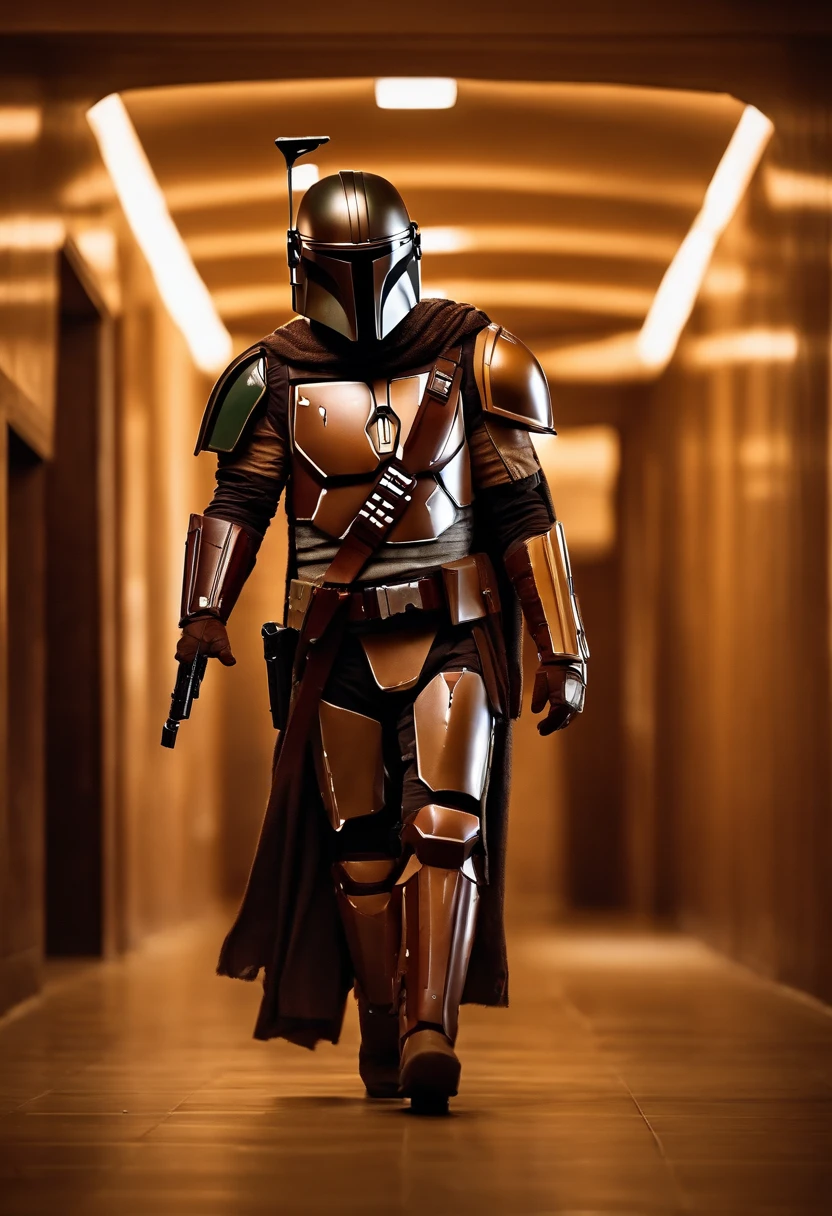 A Mandalorian in sand-colored armor in an epic lighted corridor fight