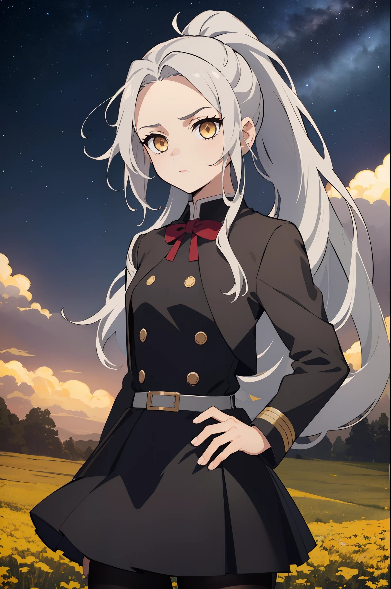 1girl, solo, light gray hair, ponytail, medium hair, forehead, messy hair, big hair, golden eyes, bags under eyes, eyes highlights, serious, neutral, small breasts, small chest, petite, black clothes, ((demon slayer uniform)), black button shirt, black skirt, (short skirt), pantyhose, (hands on hips), straight-up shot, ((close-up)), upper body, looking at viewer, standing, starry sky, night, scenery, outdoors, field, nature, beautiful, ultra quality, constellations, masterpiece, best quality, 8k,