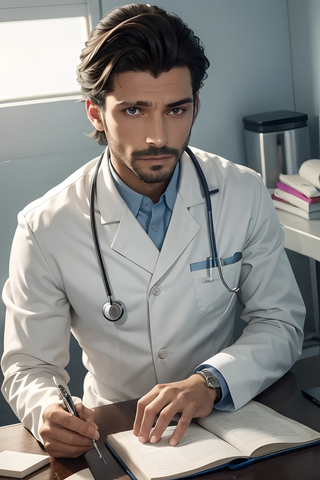 los ojos del medico deben mirar directamente el frente de la camara
