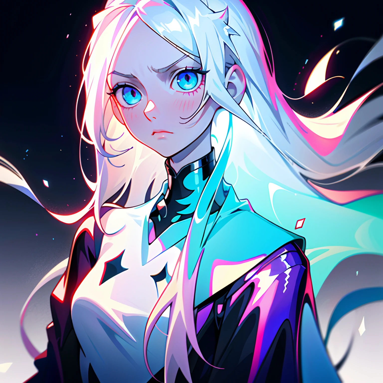 1 girl, ((solo)), a girl with long white hair, long hair, pale skin, slim body, black long neck sweater, emotionless face, ice background, Palatinate Blue eyes, shiny eyes
