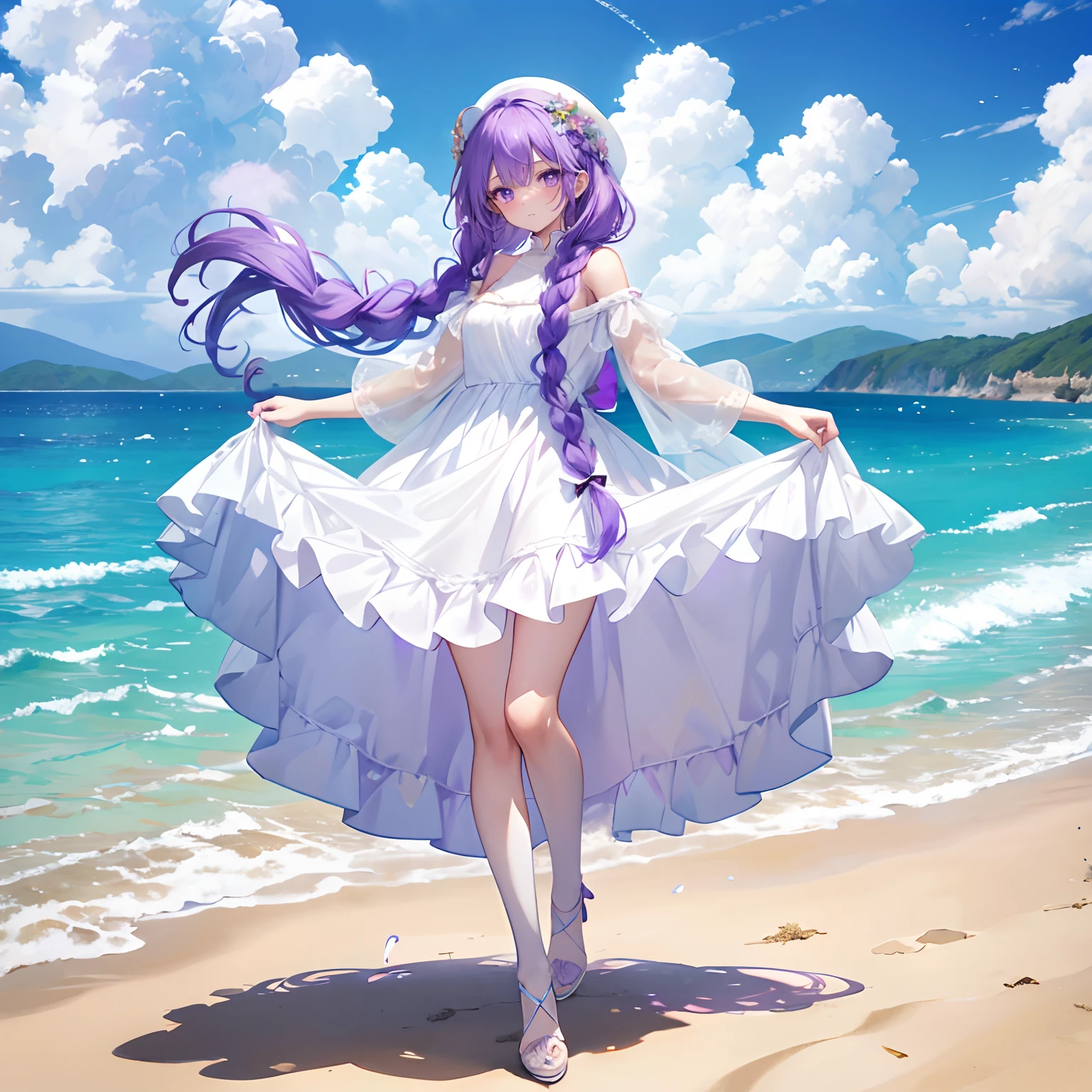 Purple colored hair,long whitr hair,Purple eyes,Twist braids,adolable,teens girl,Wear a long white dress,White silk pantyhose,High heels on the feet,full-body photo on the front,All body,Fingers and arms are not exposed,Background sandy beach,with blue sky and white clouds,Flowers