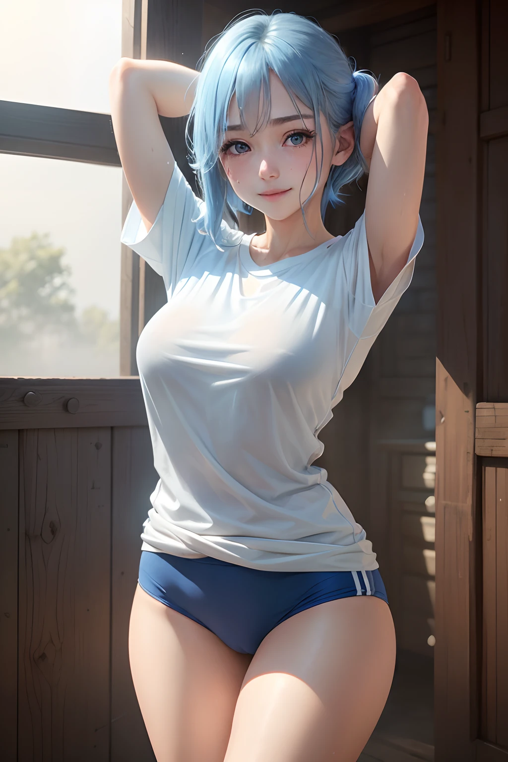 (Long T-shirt、Exposed thighs：1.3)、Blue bloomers、gymnastic suit、highleg、white t-shirts、Unbranded T-shirt、 high details, Textured skin、,Beautiful expression、in 8K、top-quality、Shorthair、large chest and thin waist,, 、thick thight、Big eyes、A charming smile、Very realistic skin、Wet sweat、cowboy  shot, Light blue hair, hair behind ear, Katyusha, Mole under the eyes, Smile, nffsw,
