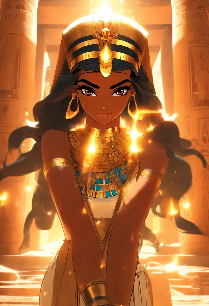 (((Egyptian Goddess))) best quality, very high resolution, 4K detailed CG, masterpiece, Egyptian mythology, Anuchis, black woman, sun in the background, Ancient Egypt, Egyptian temple, orange clothes, Egyptian clothes, desert, Ancient Egypt, Egyptian mythology, ((goddess of water)), Egyptian palace, aesthetics, beautiful image, centered on the screen, standing pose
