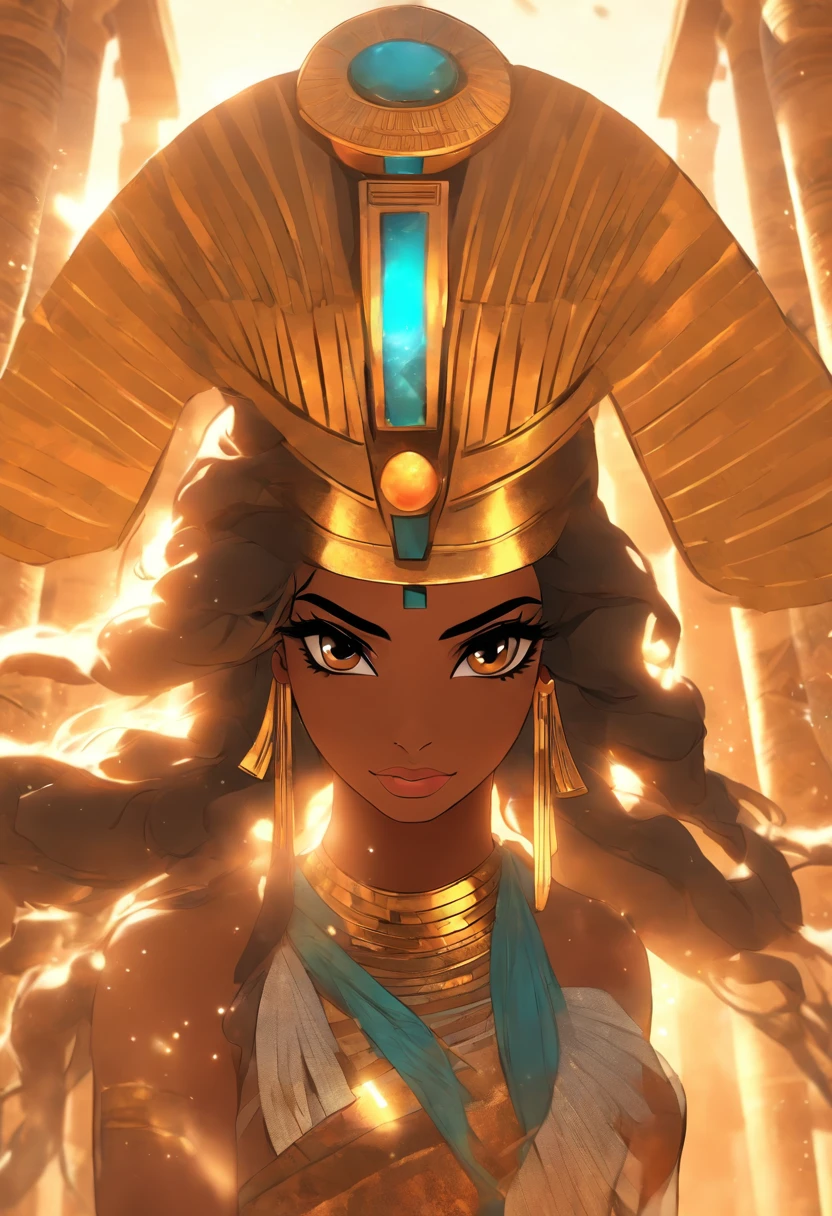 (((Egyptian Goddess))) best quality, very high resolution, 4K detailed CG, masterpiece, Egyptian mythology, Anuchis, black woman, sun in the background, Ancient Egypt, Egyptian temple, orange clothes, Egyptian clothes, desert, Ancient Egypt, Egyptian mythology, ((goddess of water)), Egyptian palace, aesthetics, beautiful image, centered on the screen, standing pose