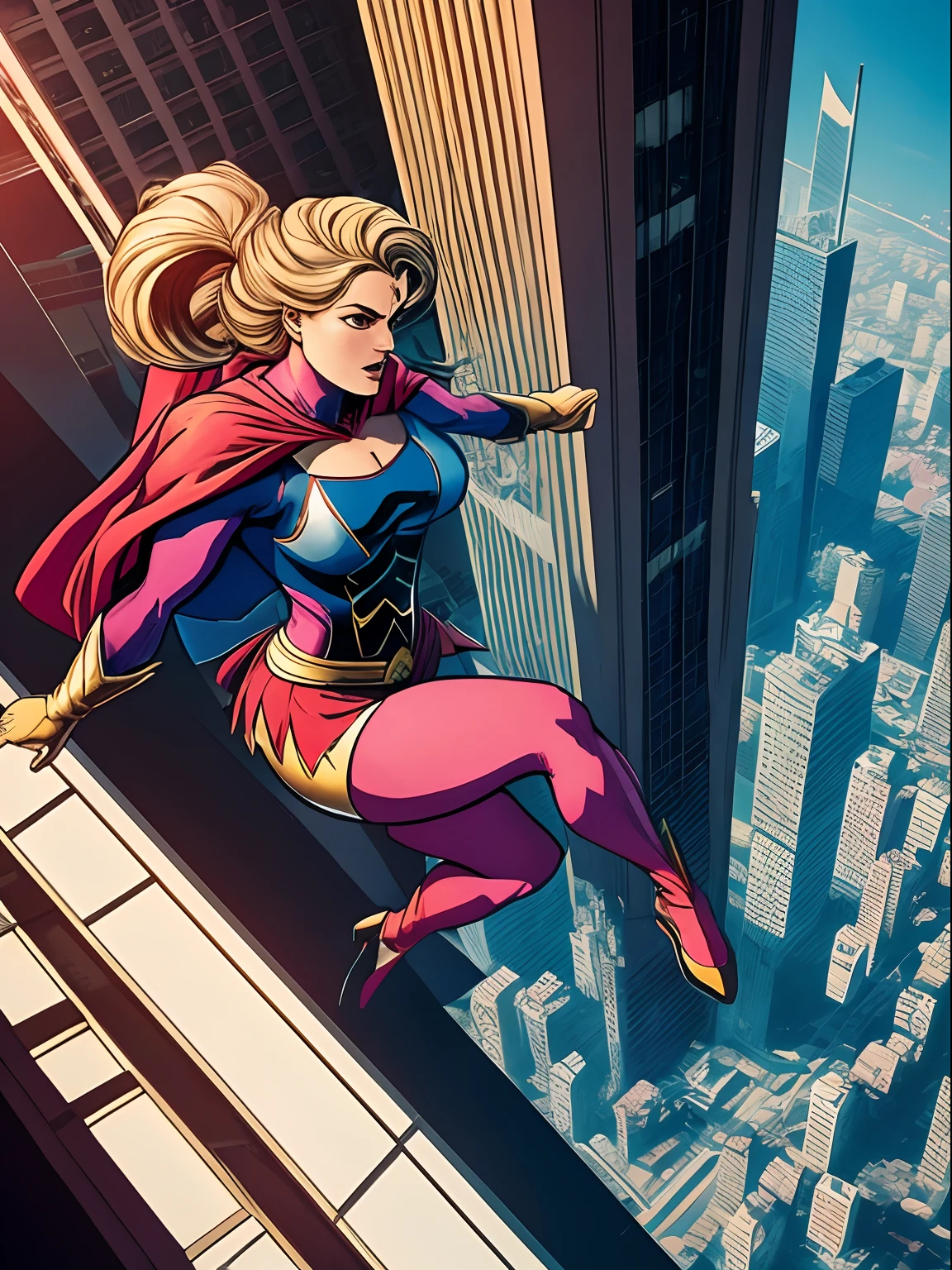 Puxa, Secretary hears cries for help outside the office, sem hesitar ela se transforma na Princesa Guerreira, The Strongest Superheroine, Jumps out of a window on the thirtieth floor, Rumo ao resgate.