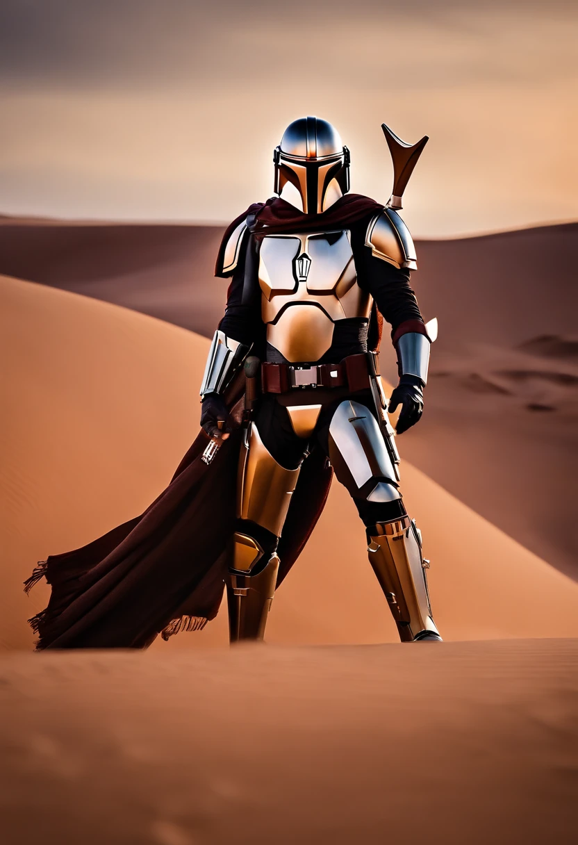 A Mandalorian in sand-colored armor futuristic style on a corusante planet in dark décor color