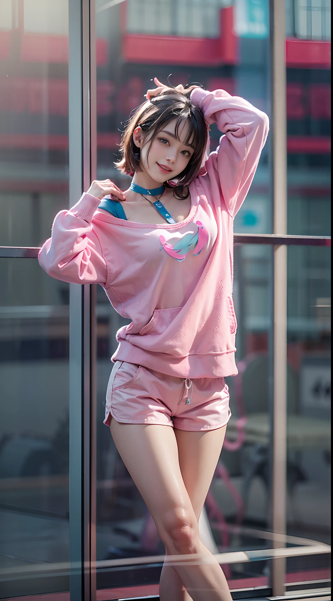 ((Pink Dolphin Shorts)), Sweatshirt, Smiling smile, (NSFW), 1womanl, 独奏, 24 year old, 7headed body, (Ideal ratio body proportions), (Composition from head to thigh), erectile nipple, Sexy body, Wet, short-hair, A dark-haired, small tits, A slender, Small buttocks, beauty legs, Skinny Legs, surrealism, Cinematic lighting, depth of fields, One-person viewpoint, F/1.8, 135 mm, nffsw, masutepiece, ccurate, ((Anatomically correct)), Textured skin, Super Detail, high details, High quality, awardwinning, Best Quality, hight resolution, 8K