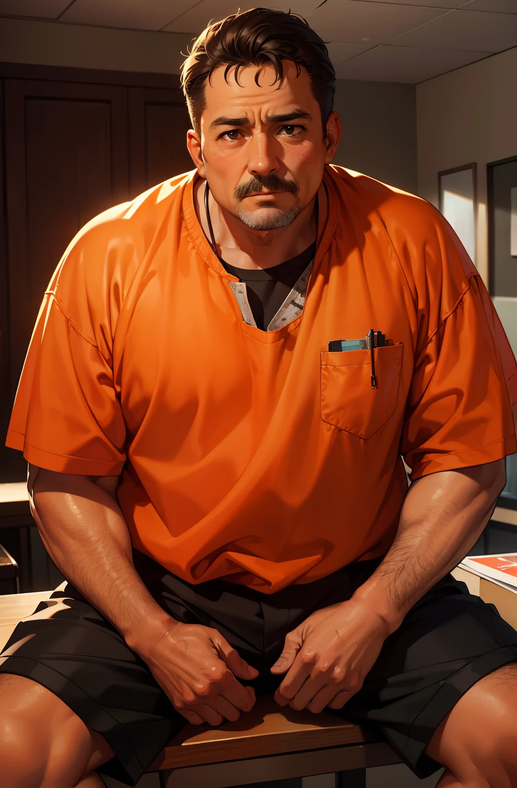 High quality, Masterpiece, A 50-year-old man,Wear orange prisoner clothing, The skin was covered with marks of being beaten,Moderate obesity,dregs,,Calm expression, Sitting in a dimly lit cell, Close-up of the bust.