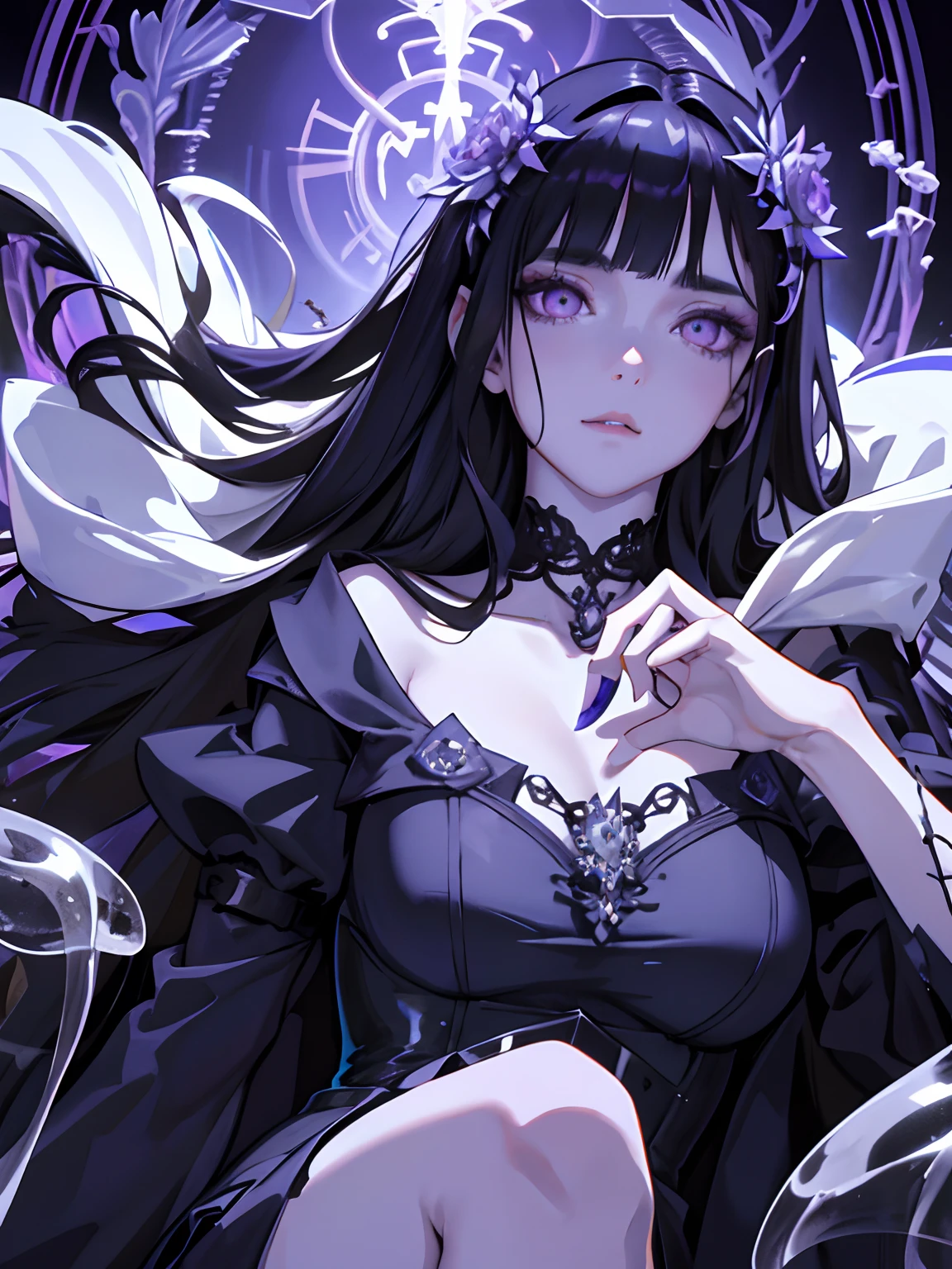((masterpiece, best quality)), (1girl), (solo), (female focus), (dark hair, long hair), purple eyes, arms behind back, sad eyes, cold facial expression, cold look, gothic dress, pale skin, colour grading, dark illustration, extreme quality, radiant, extremely detailed, ultra-detailed face, ultra hd 8k, ultra digitality, mythical, dark lightning, perfect face, beautiful, (perfect composition: 1. 4), detailed face and body, award-winning photography , fields, detailed face, detailed hands, looking at the viewer, cinematic lighting, embers, fantasy background, water splashes, foggy haze, (necromancer), (villain), faux traditional media, (masterpiece, best quality, ultra-detailed, best shadow), (beautiful detailed face, feminine features), (best illumination), ((cinematic light)), colorful, hyper detail, dramatic light, intricate details, (dark circle under eyes), gothic, decadence, stunning, eerie