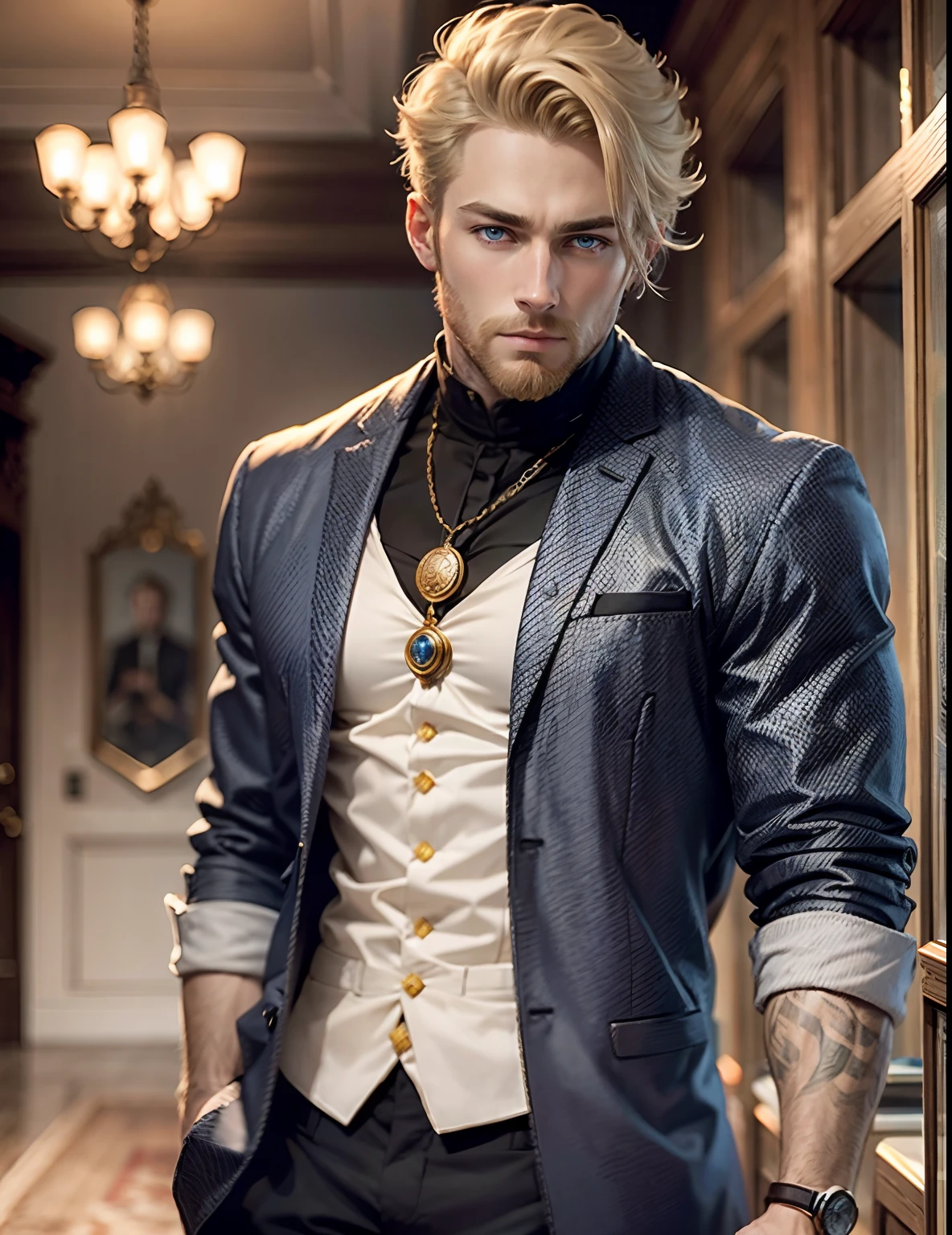 blonde man, blue eyes, short hair, thin beard on chin, wearing black clothes of a noble king, masterpiece, best quality