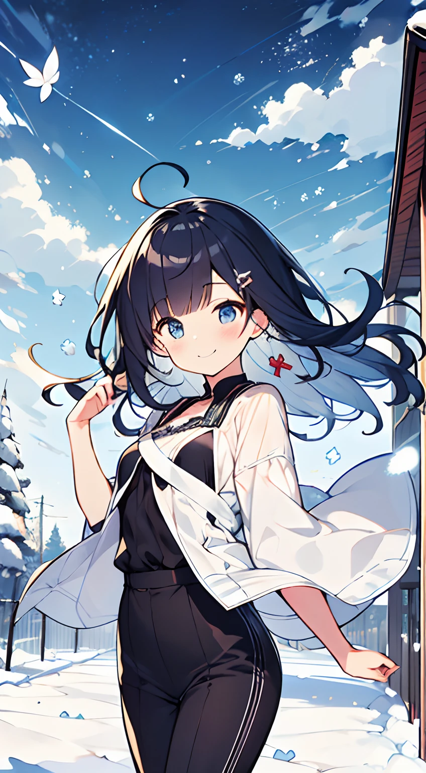 masutepiece, Best Quality,Illustration, Wallpaper, ultra -detail, Absurd beauty, 1beautiful girl、Bright hair color、Glitter and big eyes、Hair fluttering in the wind、ample breasts、♡、Smaller head、Winter scene、miscievous smile