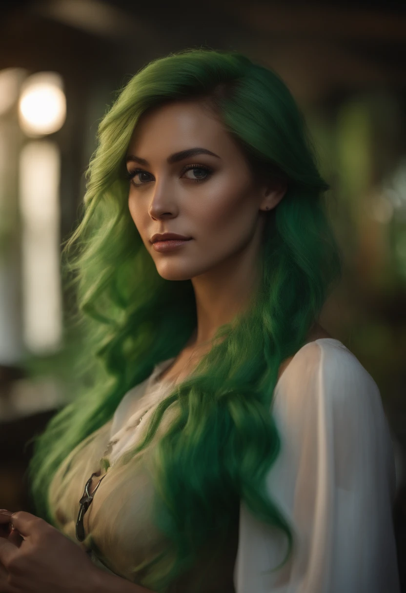 (Best Quality, Realistic, Photorealistic:1.37), Ultra-detailed, (HDR,UHD,studio lightning), Portrait, Girl, neko, naked body, covering his bare chest with his hand, Erotic, green hair, Mismatched eyes