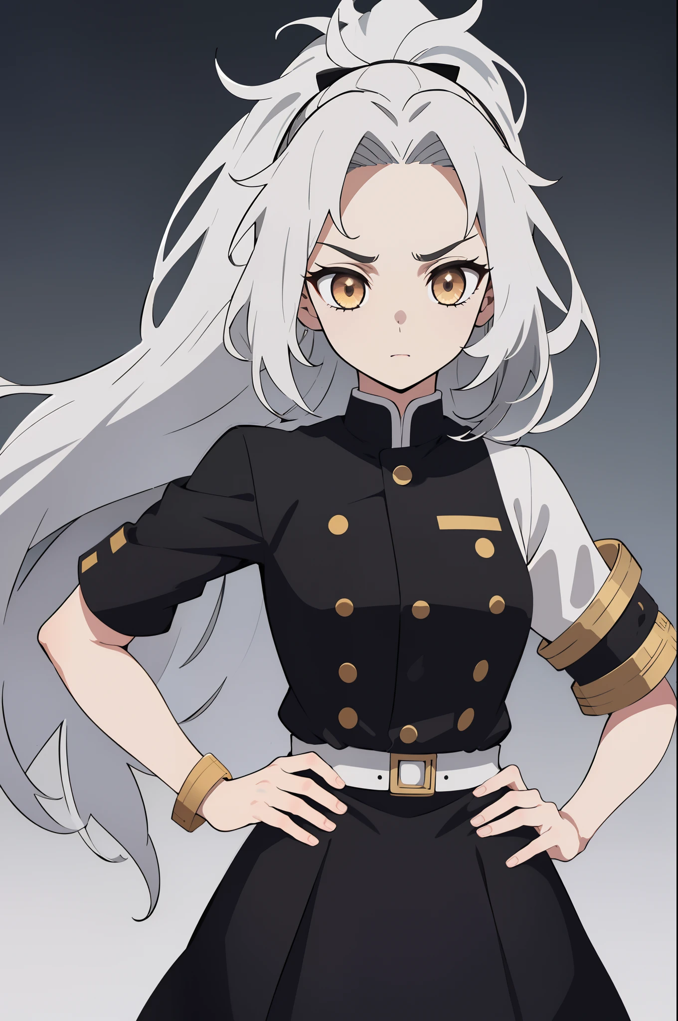 1girl, solo, light gray hair, ponytail, medium hair, forehead, messy hair, big hair, golden eyes, bags under eyes, eyes highlights, serious, neutral, small breasts, petite, black clothes, ((demon slayer uniform)), black button shirt, black skirt, (short skirt), pantyhose, (hands on hips), straight-up shot, ((close-up)), upper body, looking at viewer, standing, white background, color streaked background, grafitti, colorful, beautiful, ultra quality, constellations, masterpiece, best quality, 8k,