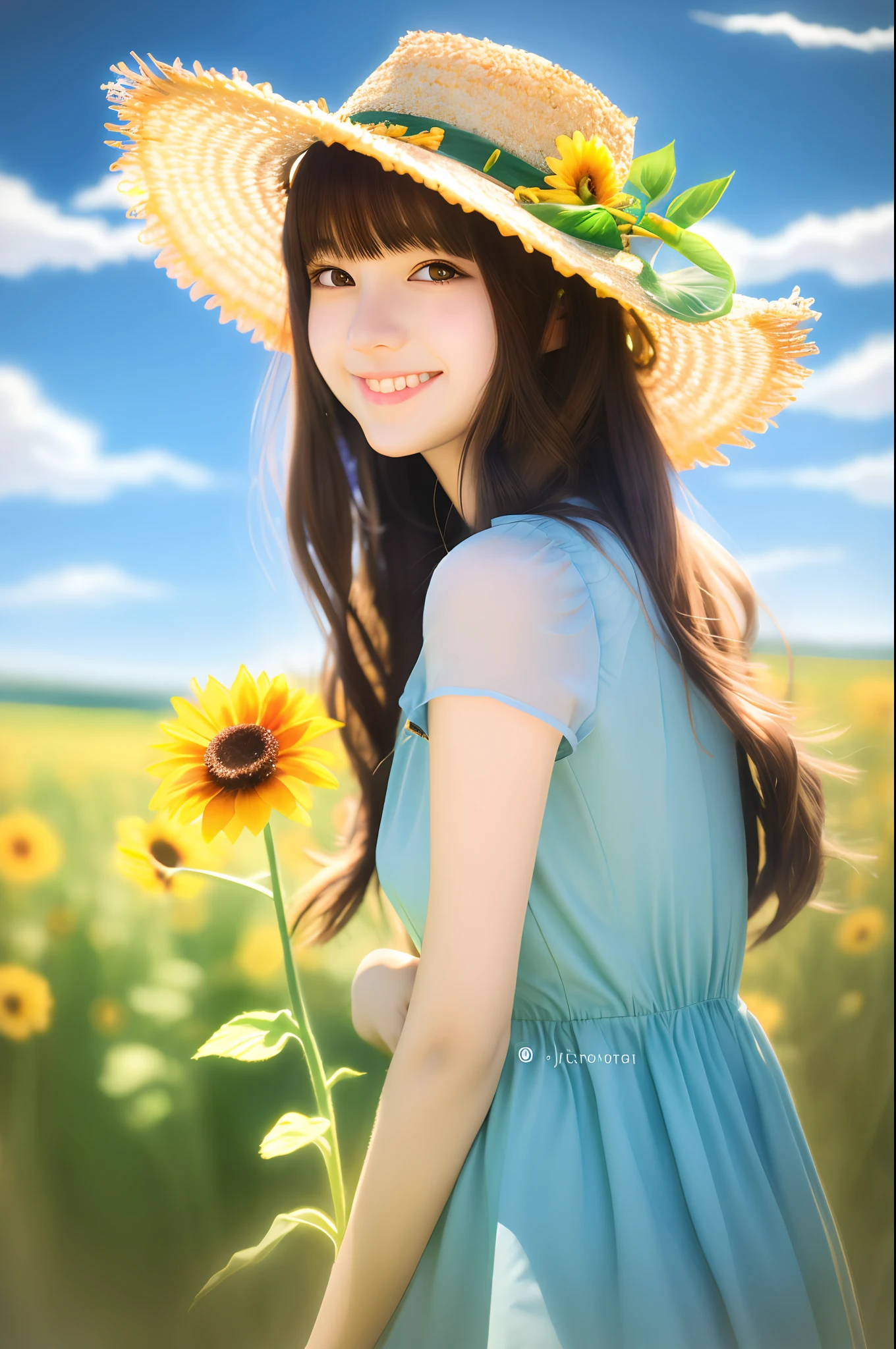 Anime girl with sunflower and straw hat in the field, anime manga by Yang J, pixiv, fantasy art, beautiful anime girl with sunflower, wearing a straw hat, guweiz style artwork, super high resolution, kawaii realistic portrait, realistic cute girl drawing, sweet smile, beautiful anime portrait, cute art style, beautiful character drawing, detailed portrait of anime girl, cute anime girl portrait. Details are enhanced.