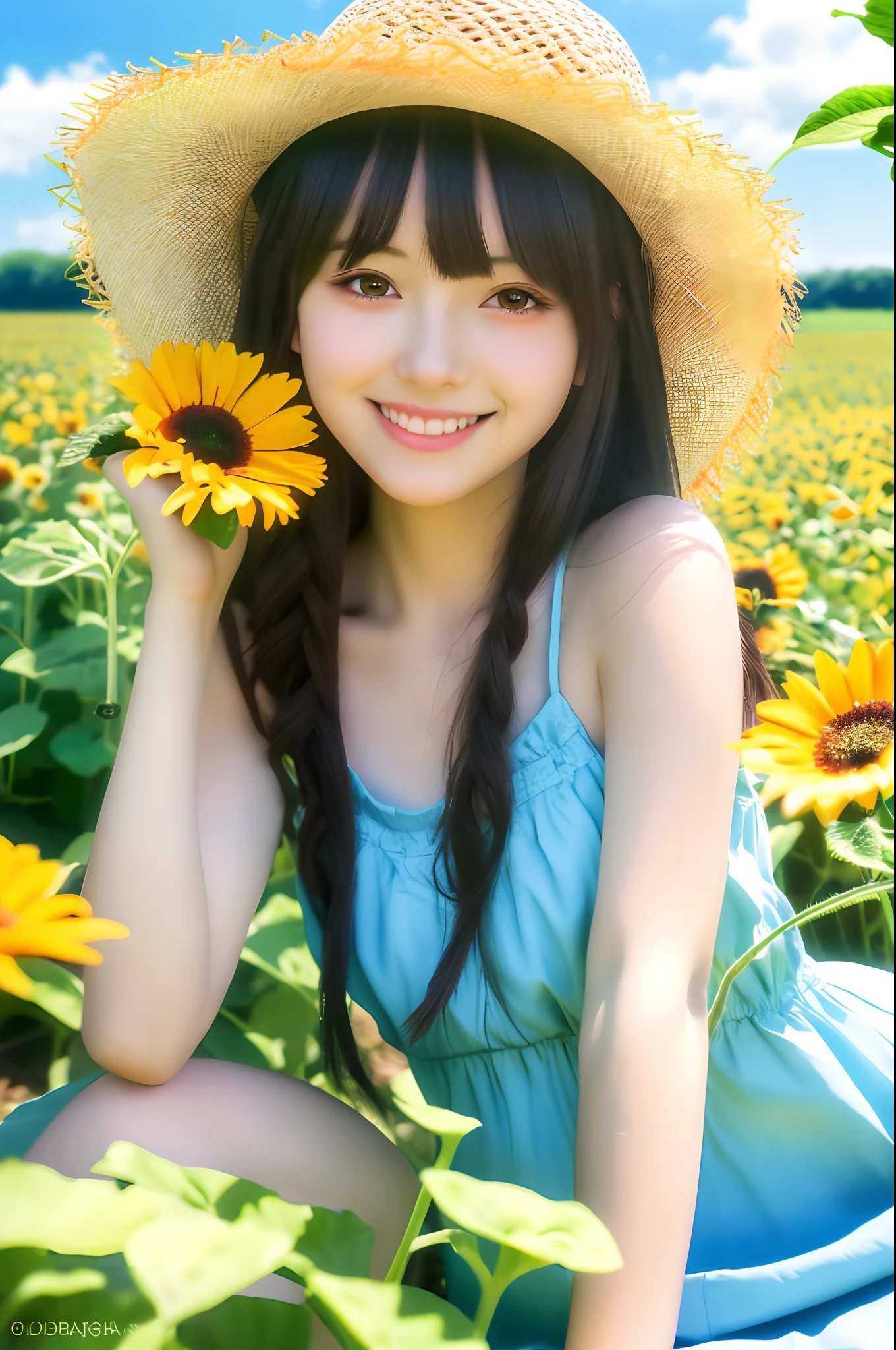 top-quality, masterpiece, (Realistic:1.2), sunflowers fields, The upper part of the body, Sunlight, solar flare,Windy、A smile,Pure white dress,holding a large straw hat in your hand,Fluttering hair,Long hair