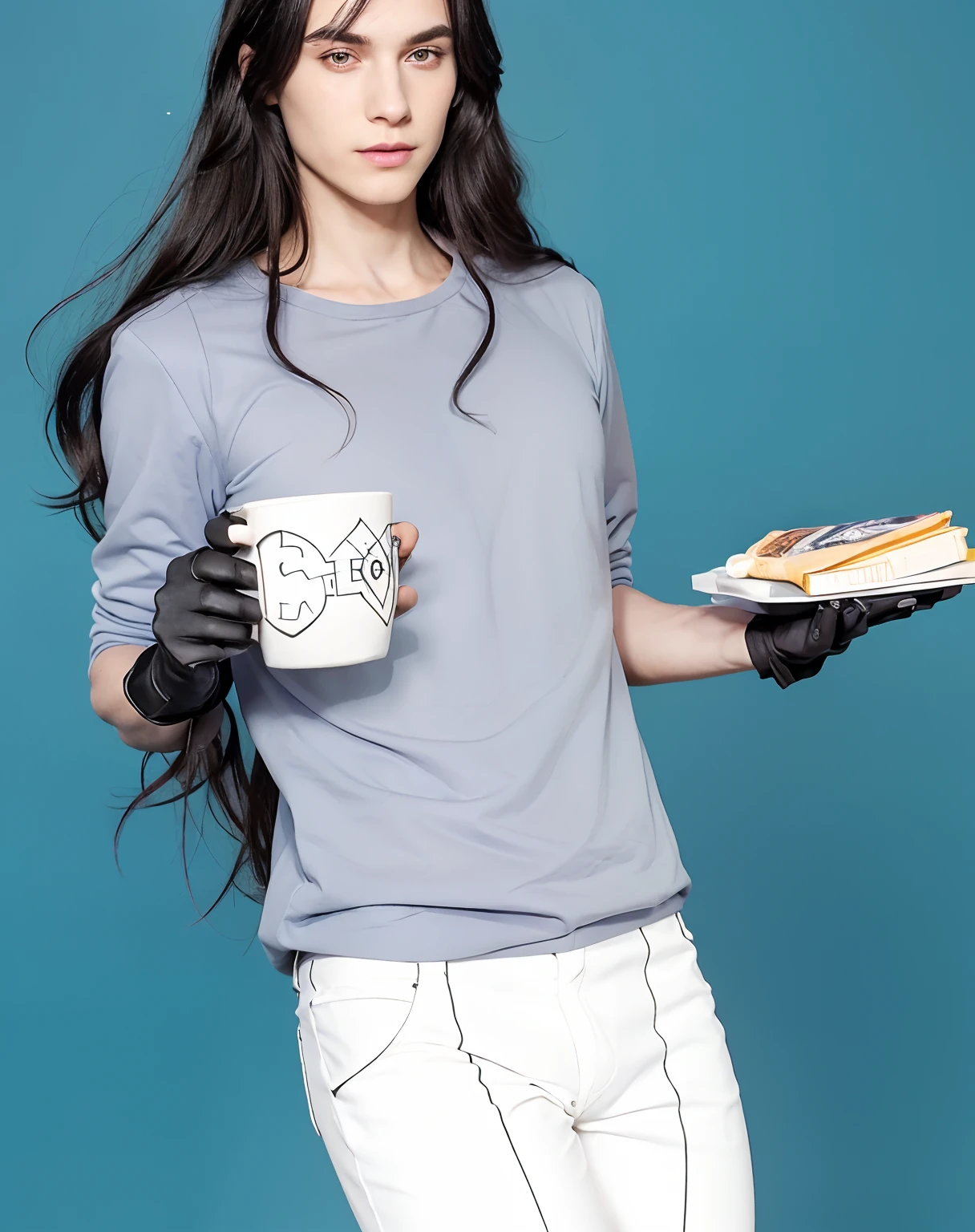 Realistic style, cute boy, long Black hair, pale skin, very "gas" appearance, due to the ability of his Devil Fruit. He has very long, pointy, dark hair; yellow eyes and two curly horns on the back of his head. He is tall, and wears purple lipstick and dark makeup on his eyes. He has a small flat nose and long thin eyebrows. His arms are very thin, compared to the rest of his body.
Caesar wears a large colored light blue coat with the name "GAS" printed on it. Under his coat, he wears a yellow jumpsuit with diagonal stripes that form a cross with the orange lines. The total is cut right under his knees, exposing his hairy legs. He also wears dark purple gloves with the initials "CC" in white on them