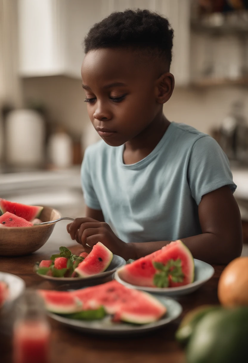 A handsome looking black kid eating chicken and watermelon in the kitchen dining room artgerm style, ! dream artgerm
