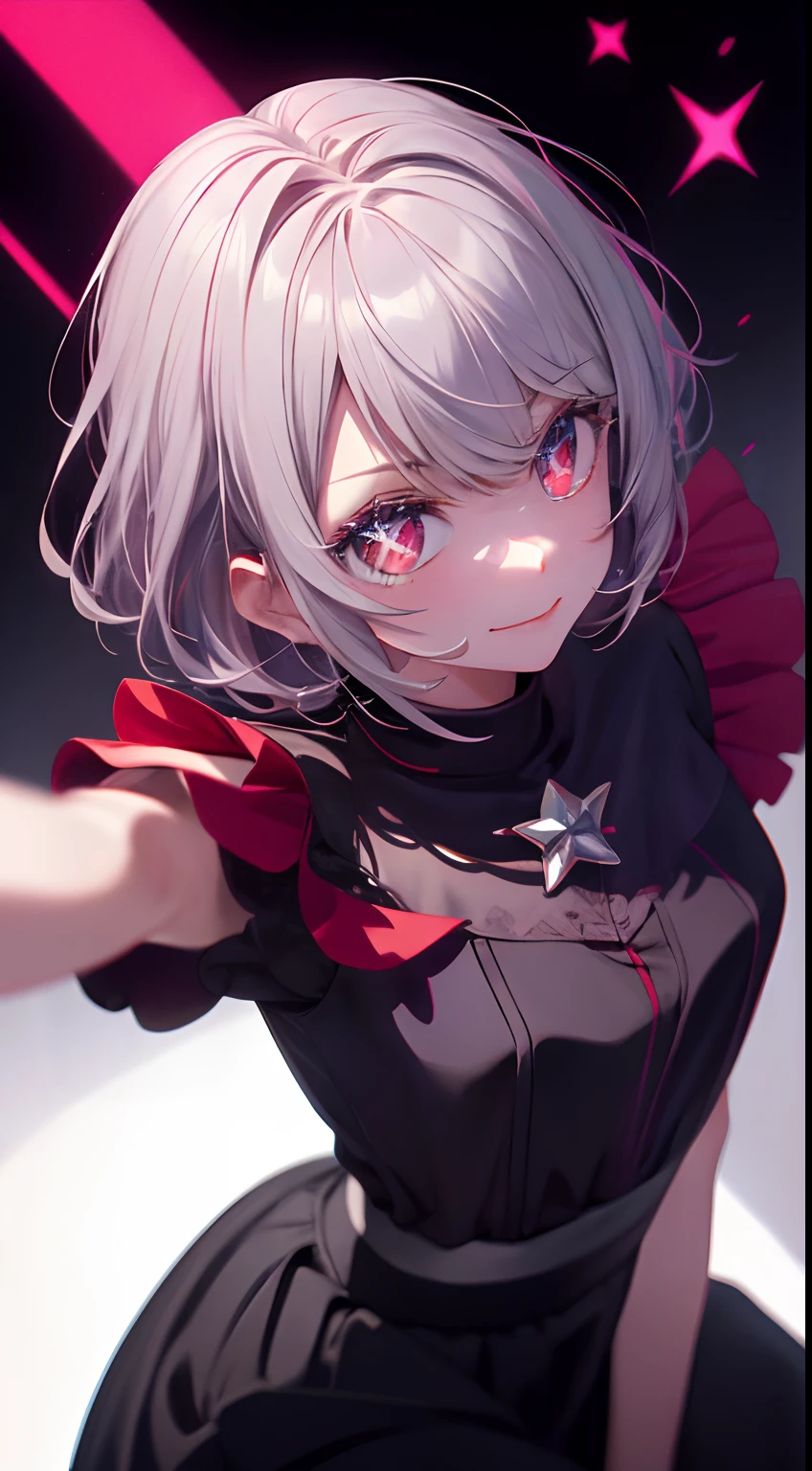 masterpiece、top-quality、Movie stills、One girl、、(a closeup:1.1)、with light glowing、Happiness、A delightful、Soft lighting、(Bauhaus、form、Line、abstracted:1.1)Silver Hair Shorthair、butterflys々、Black long skirt((masterpiece)), deadpan, (((top-quality))), ((illustratio)),
1girl in,, ((独奏)), (详细的脸), (Beautiful details), Bright eye, red eyes, ((dishevled hair)),
A smile、blank stare、sitting on、((Facing to the side))、
Tie Hair Band、Black transparent skirt、Mystical、Star-shaped glowing eyes、Luminous Eye
Light background、write、
(magazine:1.1), (cover-style:1.1), Fashionable, femele, with a vibrant, outfits, the pose, the front, Colorful, Dynamic, Background with, element, I'm confident, expresive, ngel, statement, accessorized, An majestic, coiled, surroundings, Touch, The scene, Texto, covers, It's bold, captures the attention, Titles, Stylish, Catchy, headline, The large, Impressive, moderno, Trendy, Focus, lo fashion,Silver hair short hair、Silver hair short hair, (Wearing a formal suit:1.3)1girl in, full body Esbian, cowboy shot, (Rembrandt), illustratio, (masterpiece), (Top image quality), (Ultras_Detailed), finely detail, (depth of fields), gloves, tongue-out, tongue, stele \(Symbols\), see the beholder, (light silver hair:1.2), (Star-shaped eyes:1.4),Redeye, The upper part of the body, hair adornments, , shirt, A smile, The shirt, Idol, symbol-shaped pupils, bangss, One side up, star-shaped pupils, dress pull, Roaring 20s, isometric、From above、Silver Hair Shorthair, Wearing a suit、Luminescent eyes、Star-shaped glowing eyes、piece sign、Crisp eyes、Peace sign near the eye、Look at me from the front、formal suit、eyes glowing red、Star-shaped eyes