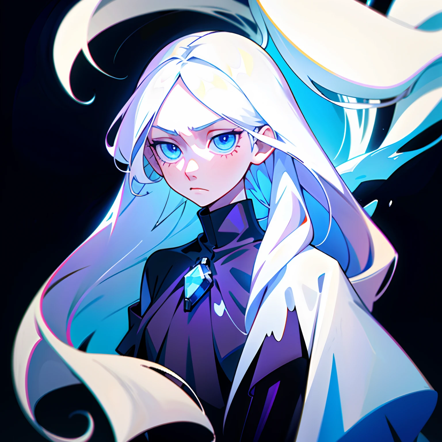 1 girl, ((solo)), a girl with long white hair, long hair, pale skin, simple body, black sweater, emotionless face, ice background, Palatinate Blue eyes, shiny eyes