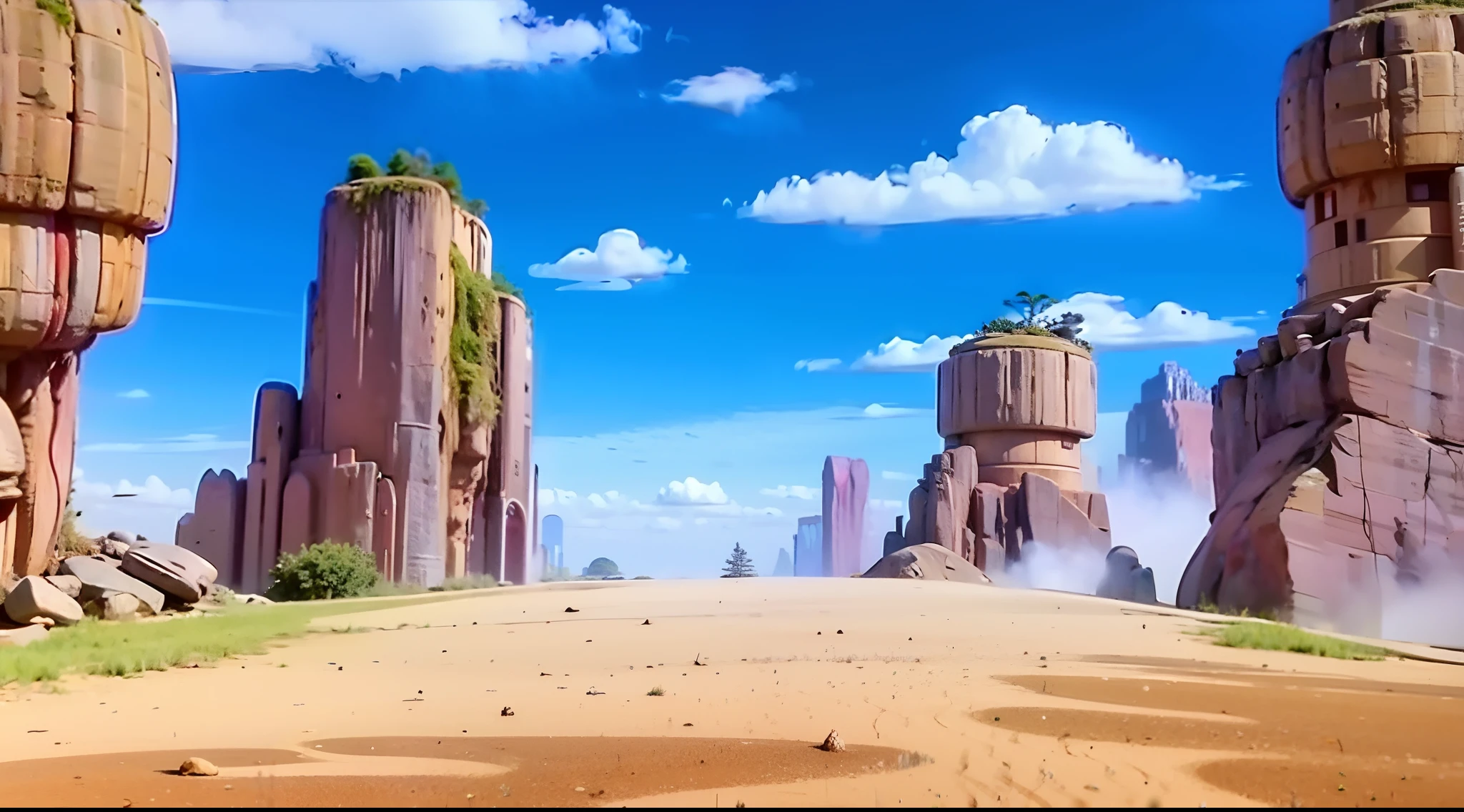terreno composto por terra e pedras, pequenos arbustos, 4 grandes monstanhas de pedras com arbustos no topo, Blue sky with widely spaced