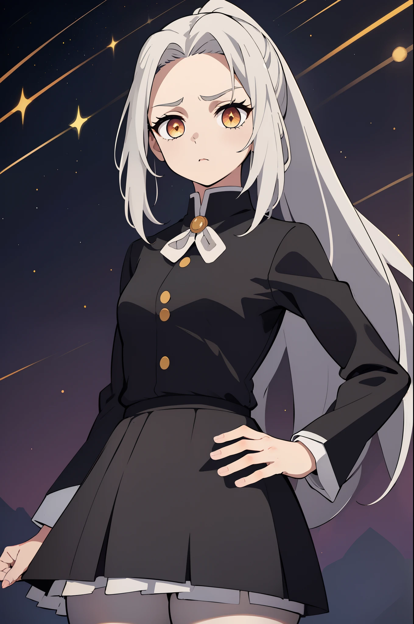 1girl, solo, light gray hair, ponytail, medium hair, forehead, messy hair, big hair, golden eyes, bags under eyes, eyes highlights, serious, neutral, small breasts, petite, black clothes, ((demon slayer uniform)), black button shirt, black skirt, (short skirt), pantyhose, (hands on hips), straight-up shot, ((close-up)), upper body, looking at viewer, standing, streaked background, color streaked background, grafitti, colorful, beautiful, ultra quality, constellations, masterpiece, best quality, 8k,
