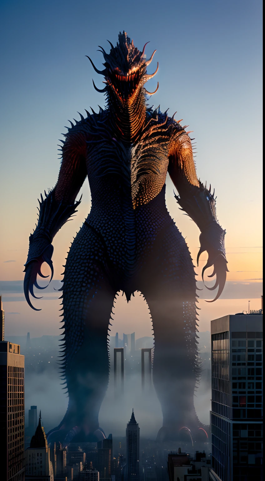 bizarre alien creature, giant kaiju creepie monster, surrealism, looming creature with a strong power, kaiju destroying new york, kaiju cephalopod monster, nanotech demonic monster horror, scary giant monster, bizarre alien creature, giant kaiju monster destroying city, high detail, photorealism, 4k