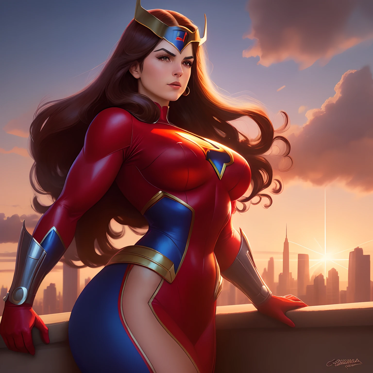 No melhor estilo John Buscema ,A powerful superheroine wearing a red uniform, Very beautiful and sensual in the skies of a great metropolis watching(corpo inteiro) cinemactic, ultra-detalhado, 16k resolution):