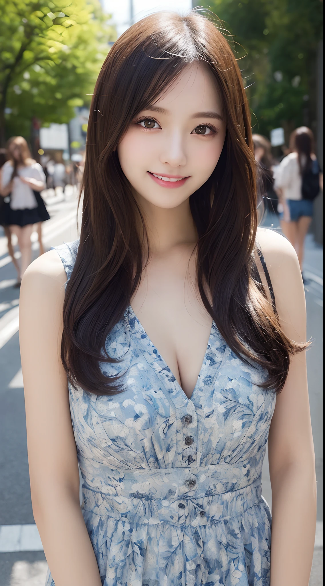 masutepiece, Best Quality, Illustration, Ultra-detailed, finely detail, hight resolution, 8K Wallpaper, Perfect dynamic composition, Beautiful detailed eyes, Women's Fashion Summer,Medium Hair,small tits,Natural Color Lip, Bold sexy poses,Smile,Harajuku、20 years girl、Cute、Sexy shot looking at camera