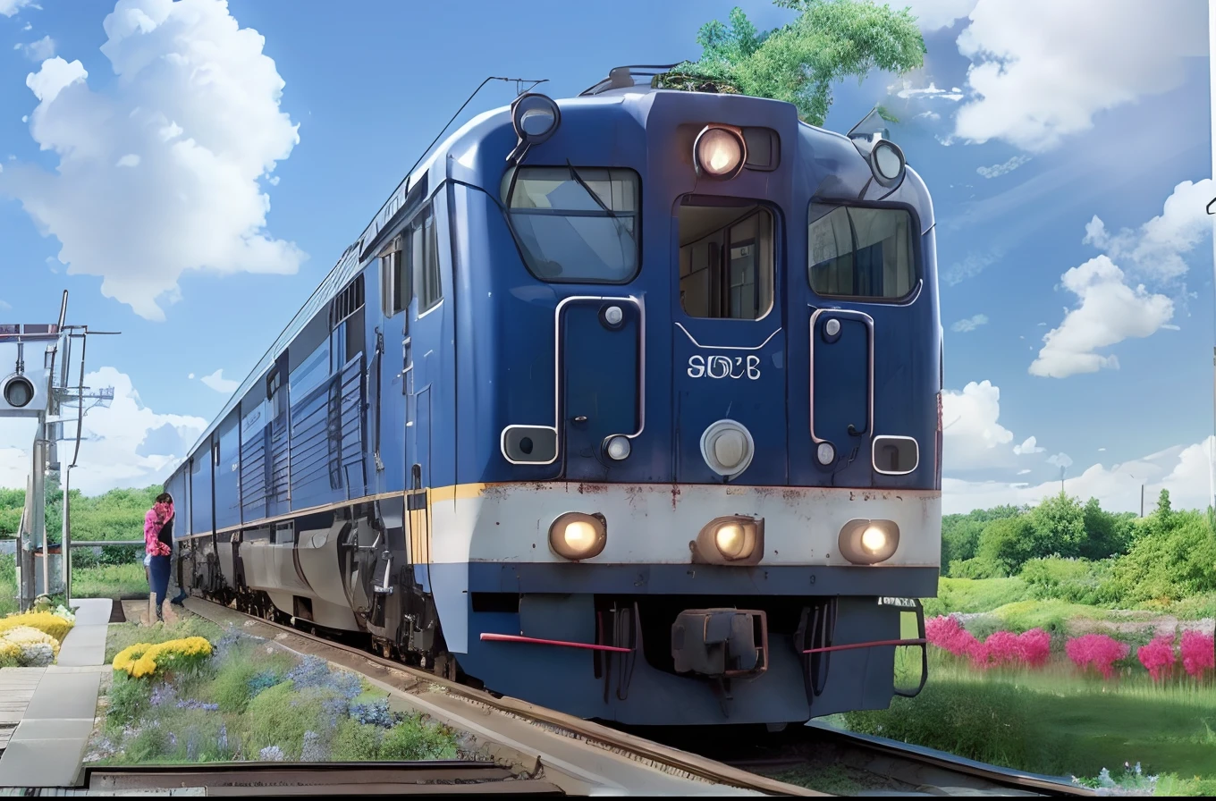 (masutepiece:1.4),(Best Quality:1.4),超A high resolution,((Landscape depiction is a top priority)), nffsw,8K resolution,Blue sky, Heaven, Heaven, light, brilliance, Flowers, Flower Garden,Halo,Clouds, ((Scenery of railway photography, Regional stations in regional cities,１Both diesel vehicles)), ((Landscape with Japan house)), pastoral landscapes, Single-track routes, Woman waiting at the train station, ((Portraits must fit to horizontal size)), Take photos of railway vehicles,