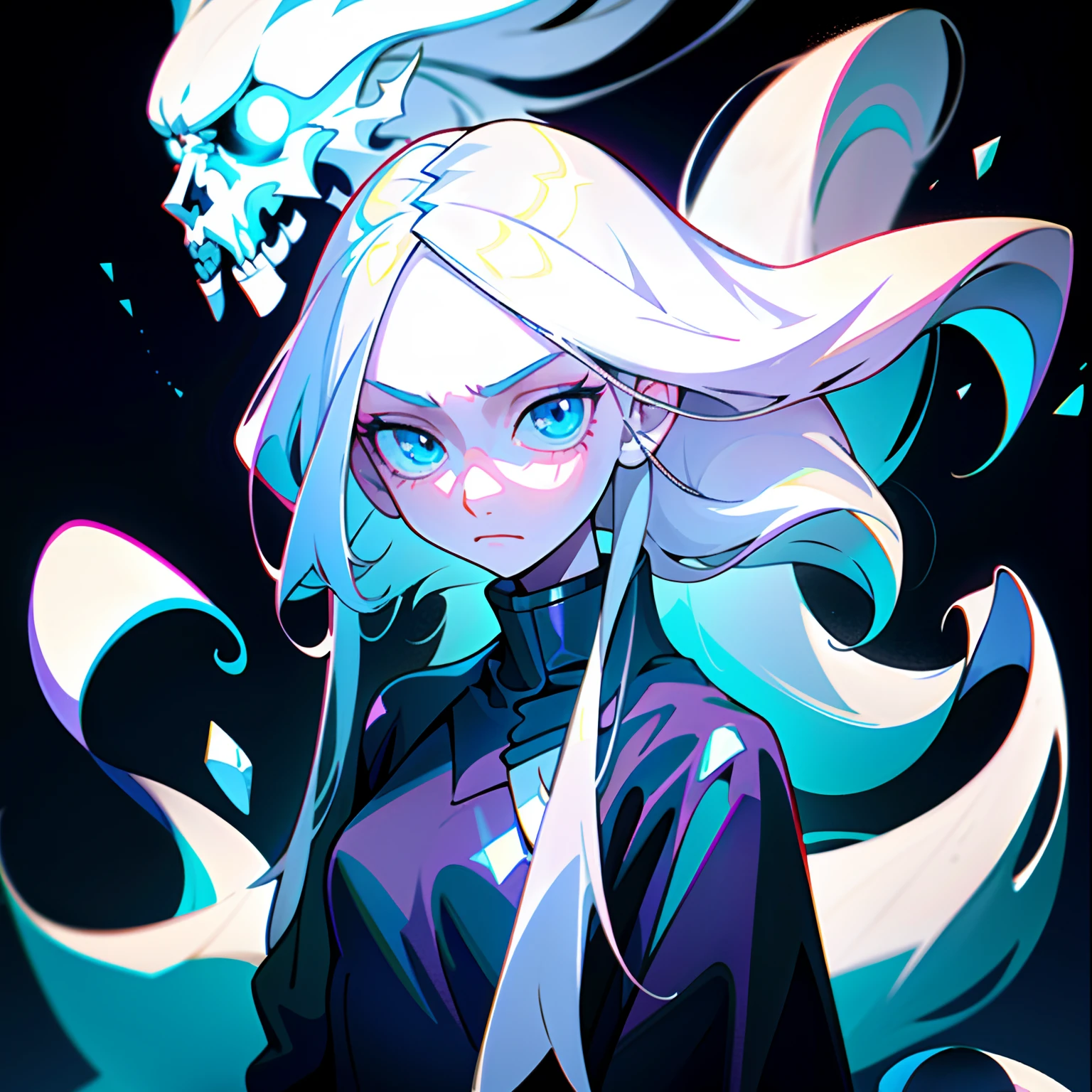 1 girl, ((solo)), a girl with long white hair, long hair, pale skin, simple body, black sweater, emotionless face, ice background, Palatinate Blue eyes, shiny eyes