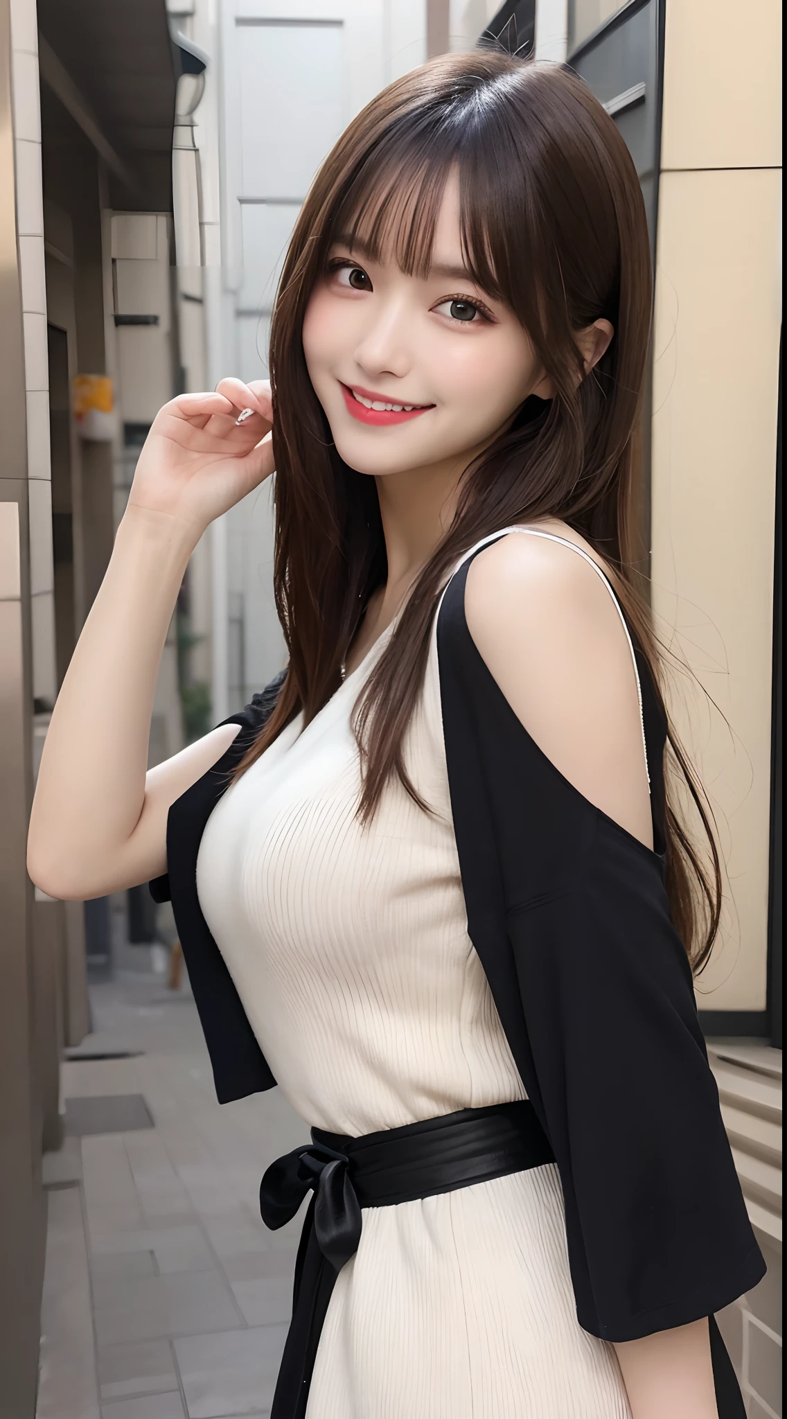masutepiece, Best Quality, Illustration, Ultra-detailed, finely detail, hight resolution, 8K Wallpaper, Perfect dynamic composition, Beautiful detailed eyes, Women's Fashion Summer,Medium Hair,small tits,Natural Color Lip, Bold sexy poses,Smile,Harajuku、20 years girl、Cute、Sexy shot looking at camera