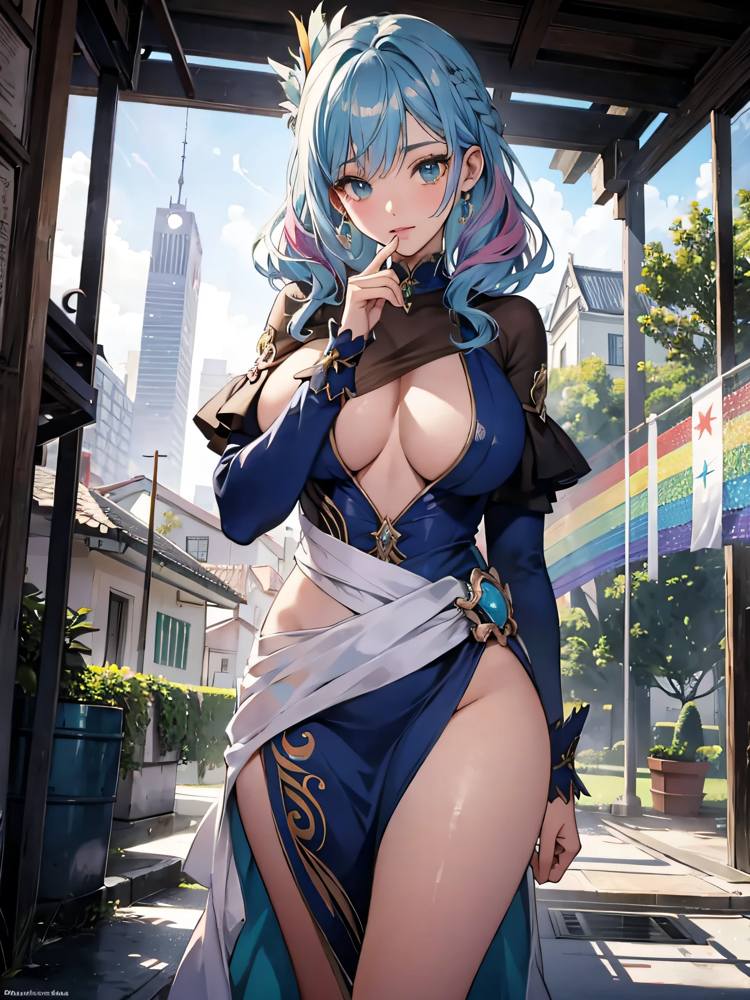 hiper-realista, high res 8k, uma mulher sedutora, body to the waist, olhos azuis extremamente realistas, rainbow hair, rosto bonito, dedos com texturas realistas, vestido branco transparente, seios grandes, quadril grande, Oppai, melhor qualidade, fantasia, Dedos Naturais.
