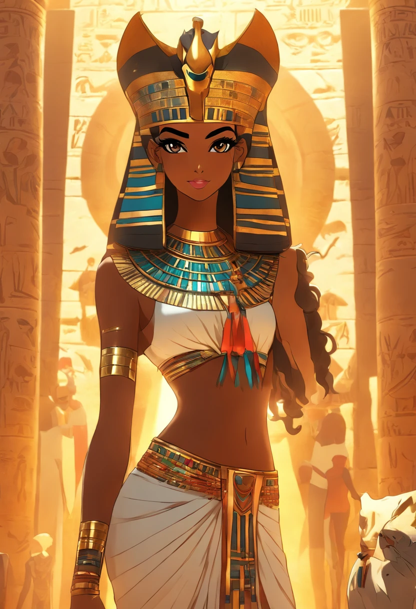 (((Egyptian Goddess))) best quality, very high resolution, detailed CG in 4K, masterpiece, Egyptian mythology, Seshat, black woman, sun in the background, Ancient Egypt, Egyptian temple, leopard skin, Egyptian clothing, desert , Ancient Egypt , Egyptian mythology, ((leopard skin)), Egyptian palace, aesthetics, beautiful image, centered on the screen, standing pose