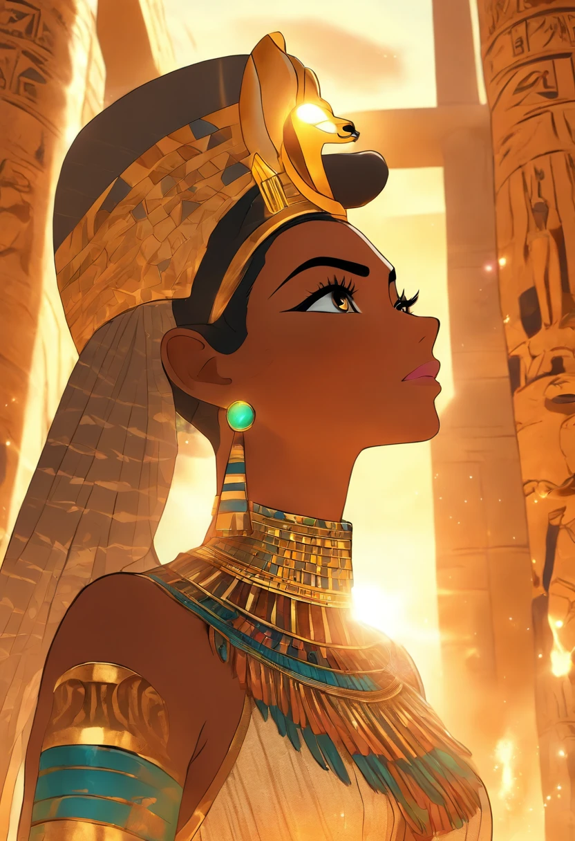 (((Egyptian Goddess))) best quality, very high resolution, detailed CG in 4K, masterpiece, Egyptian mythology, Seshat, black woman, sun in the background, Ancient Egypt, Egyptian temple, leopard skin, Egyptian clothing, desert , Ancient Egypt , Egyptian mythology, ((leopard skin)), Egyptian palace, aesthetics, beautiful image, centered on the screen, standing pose