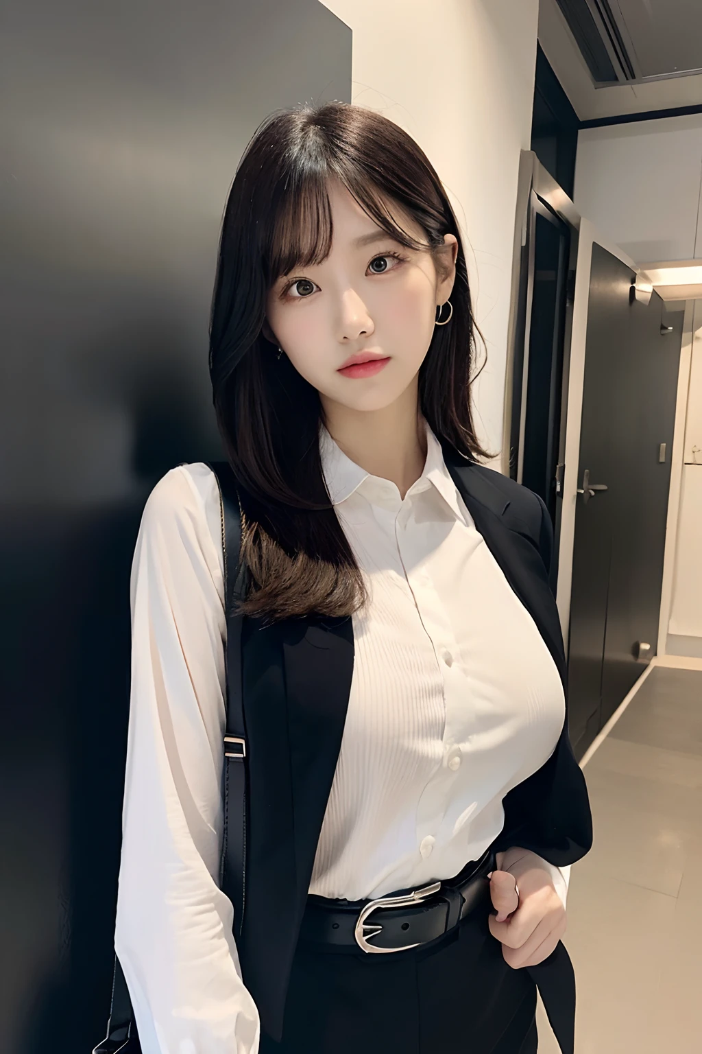 (masutepiece:1.2),High quality,vivd colour,flat-colors,Deep Depth Of Field,Lens Flare,1 girl,Black hair,eyecontact,Suit,Collared shirt,Belt bag,suspenders,Professional,Office Lady,Mature Women,Black Suit,Black jacket,Gaze,ample bosom,Armpit sweat,Exposing the armpits"Pichi Pichi clothes Cutter shirt large full breasts ceiling Along the wall Black jacket