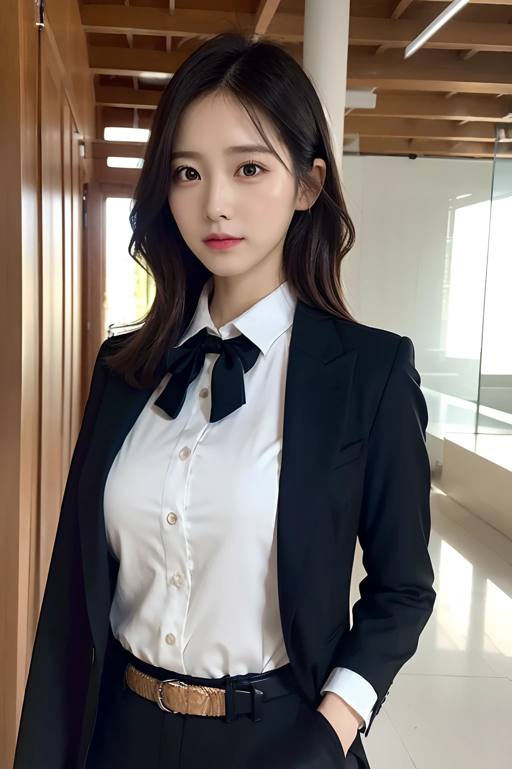 (((Kamimei、Jumping、Mouth ajar))),(((((pencil skirts、NSFW,Beautiful thighs、Beautiful nipple、Black stockings、Navy blue suit jacket and skirt、White ruffled blouse with ribbon、high-heels、raise her legs))))),((In the office、In the company、In the reception room、frombelow))、masutepiece, 1girl in, best qualtiy, Ultra Detail, (shiny), (Small)、(((with blush cheeks,))),Ray tracing,Perfect Lighting, (milky skin:1.2),reflection,  up looking_で_viewer, blush, bow ribbon, Medium Curl Hair、yellow_Eyes, White choker, Low_Twin-tailed、Japan's cutest 28-year-old beautiful girl、Small ribbons in the hair、fullnude