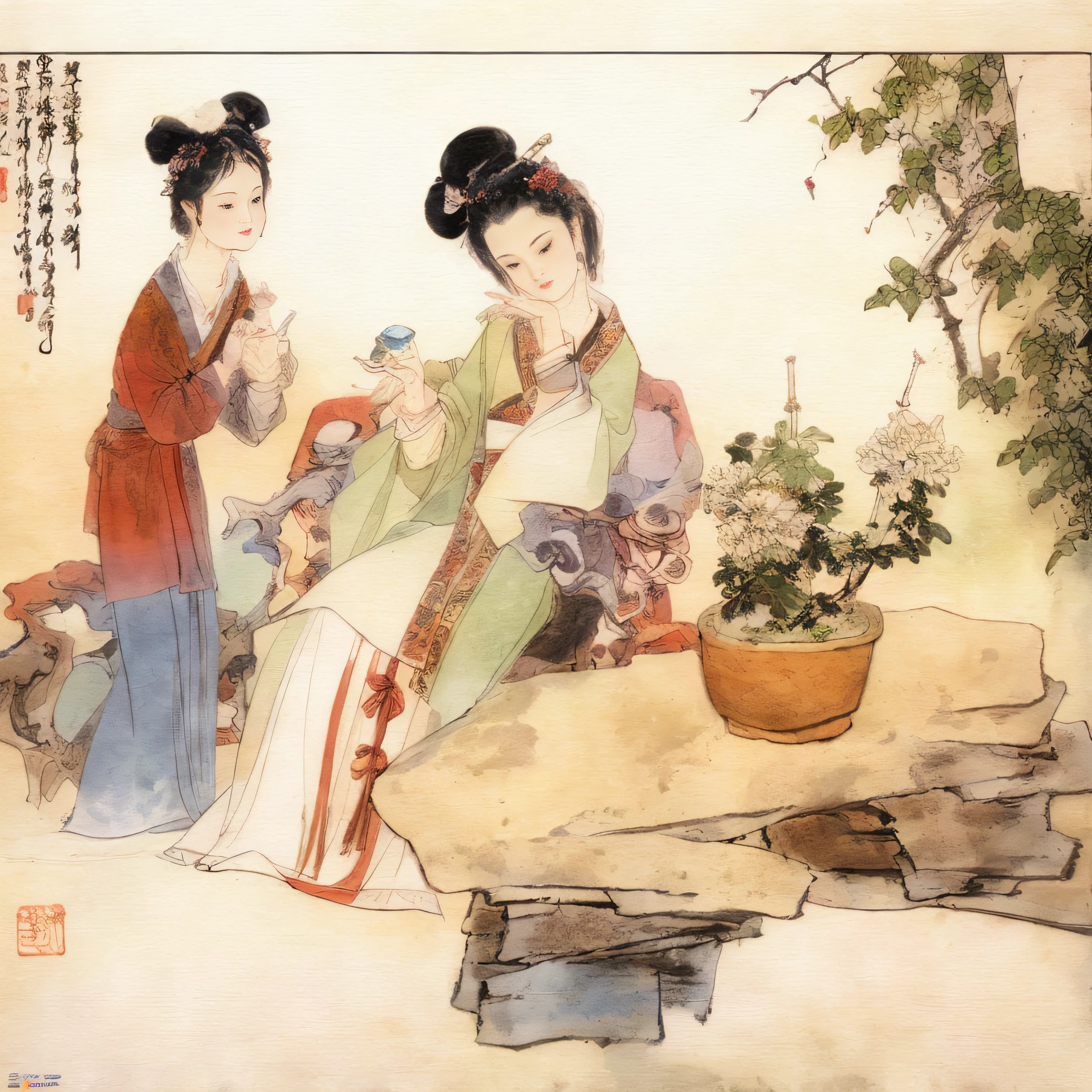 Masterpiece, Best quality,(full bodyesbian:1.3), Solo,chinese paintings,Beautiful face and eyes details of Chinese girl, Perfect skin,make happy expressions,Holding a wine glass in his hand,clean color,Low-saturation colors,Colors of low brightness,rich details​,Ancient Chinese Ming dynasty style,Quiet and elegant atmosphere,The red tone is the keynote,Pure,light make-up,Jade jewelry,hair adornments,Colorful,sharp and clear focus,instagram most viewed, Concept artist, Depth of field,flower,Bush