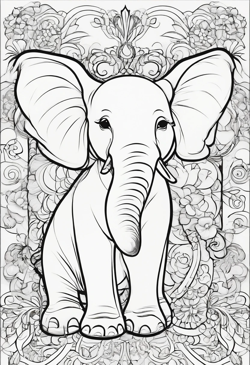 A lovable happy baby elephant character, coloring book page, side view, Kawaii, fine black outline, coloring book, no filling, no black shadows, high definition, vector, coloring book art, simple line art, no shading, no Color, no background Color, plain white background