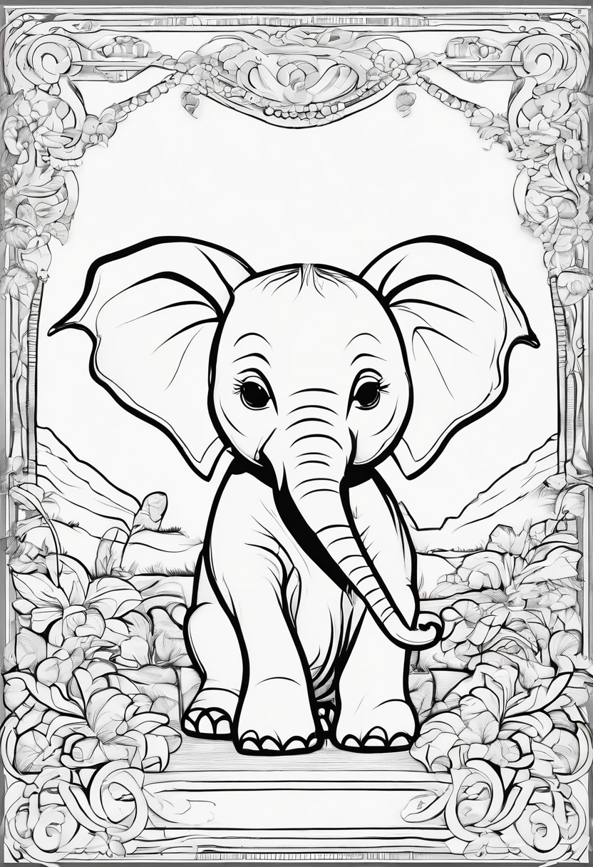 A lovable happy elephant character, coloring book page, side view, Kawaii, fine black outline, coloring book, no filling, no black shadows, high definition, vector, coloring book art, simple line art, no shading, no Color, no background Color, plain white background