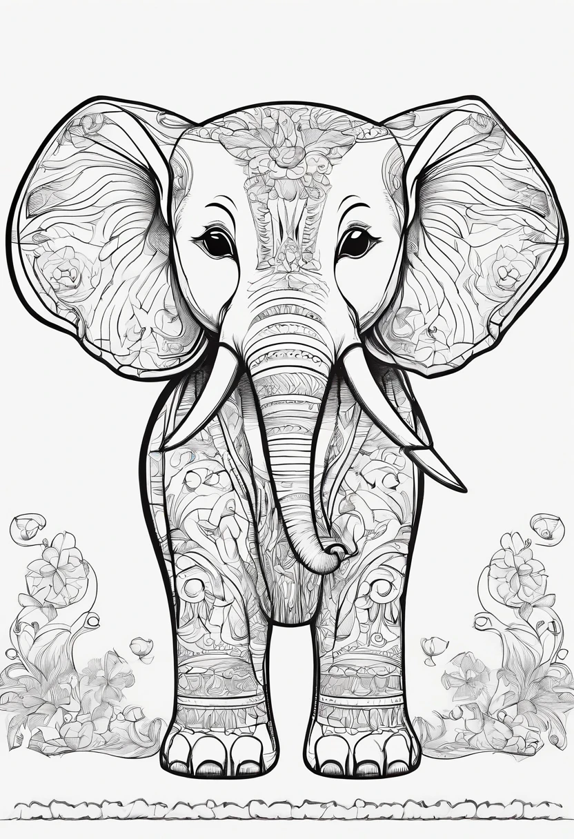 A lovable happy baby elephant character, coloring book page, side view, Kawaii, fine black outline, coloring book, no filling, no black shadows, high definition, vector, coloring book art, simple line art, no shading, no Color, no background Color, plain white background