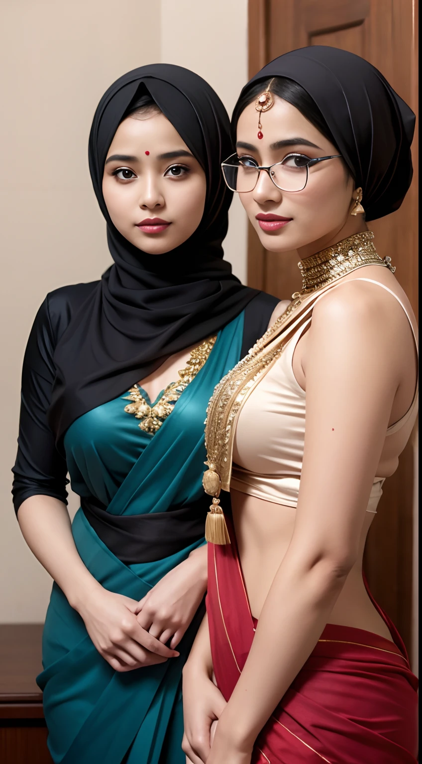 (iu:0.8).cleavage, RAW, Best quality, high resolution, Masterpiece: 1.3, two Beautiful glasses hijabi java girls wearing sexy_saree, Masterpiece, Soft smile