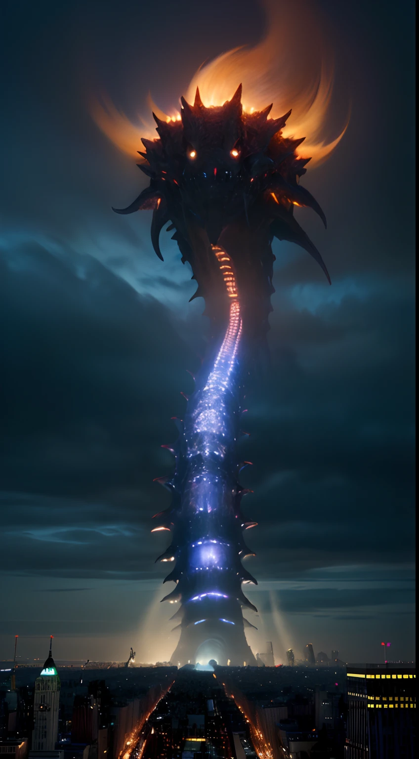 bizarre alien creature, giant kaiju creepie monster, surrealism, looming creature with a strong power, kaiju destroying new york, kaiju cephalopod monster, nanotech demonic monster horror, scary giant monster, bizarre alien creature, giant kaiju monster destroying city, high detail, photorealism, 4k